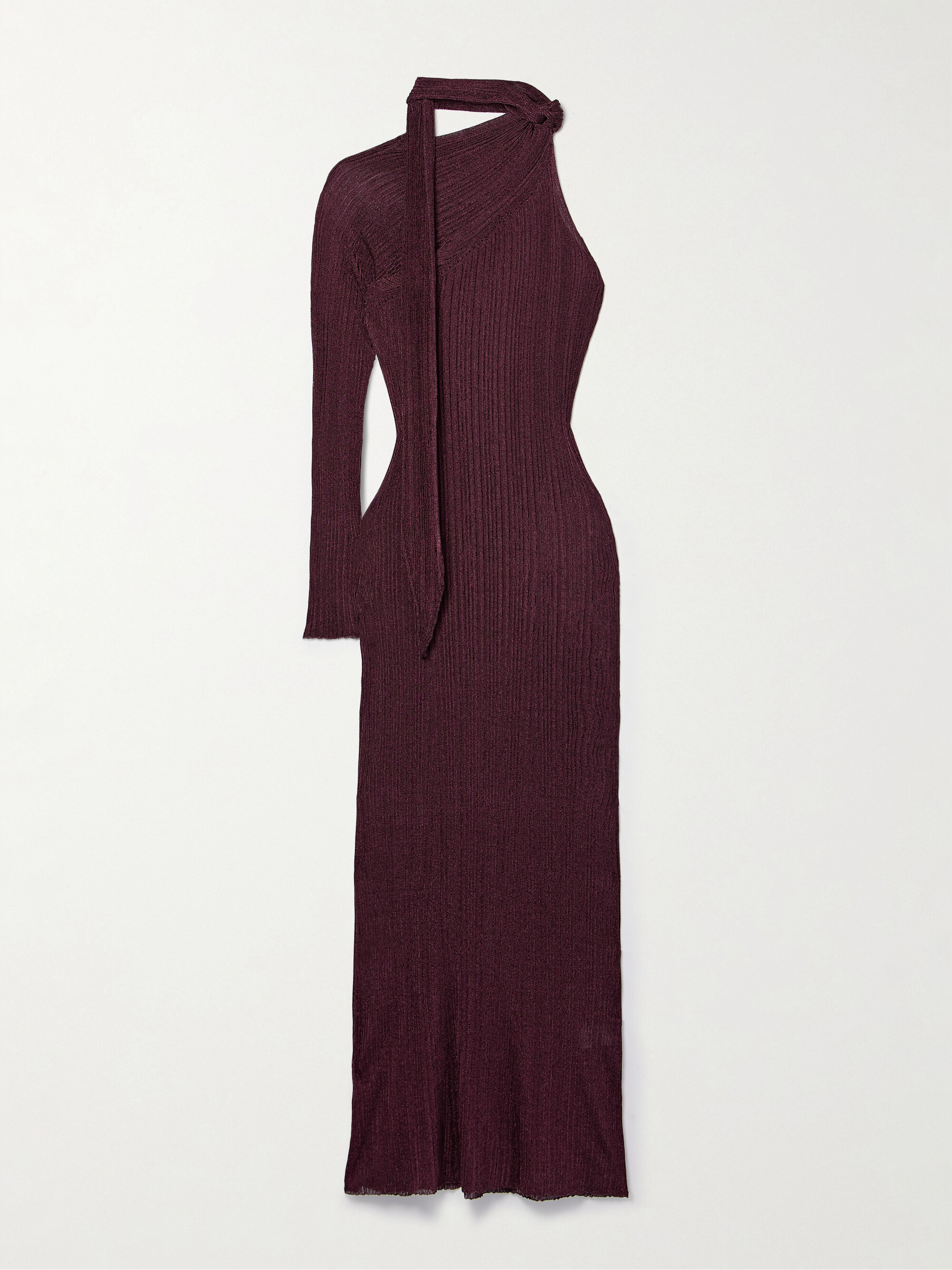 Rabanne One-sleeve tie-detailed metallic plissé-knit maxi dress