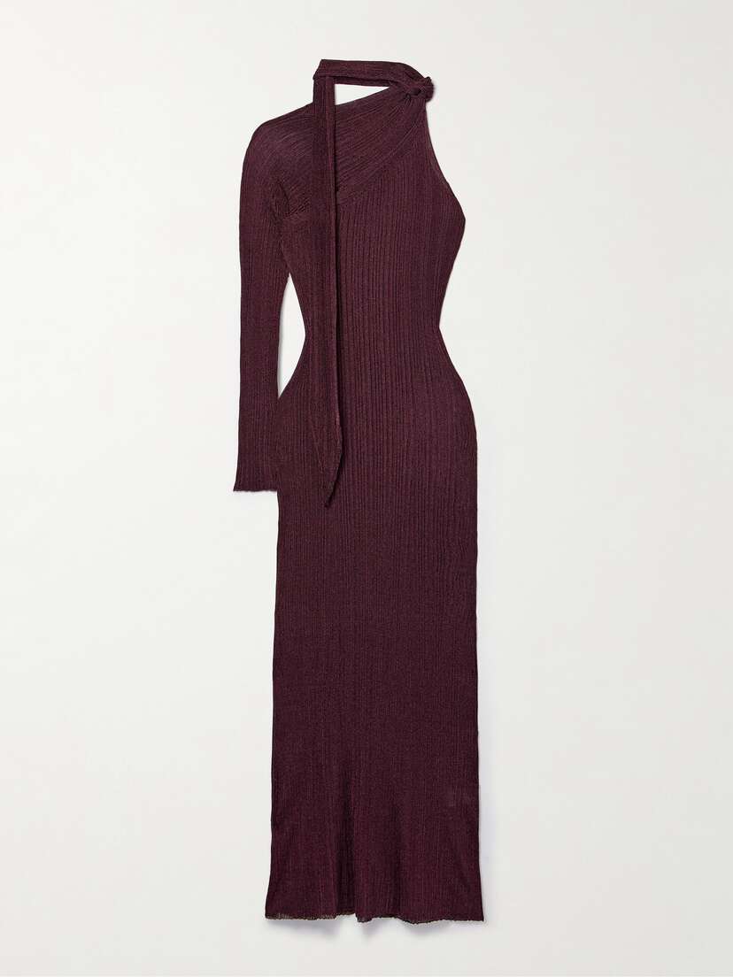 Rabanne One-sleeve Tie-detailed Metallic Plissé-knit Maxi Dress