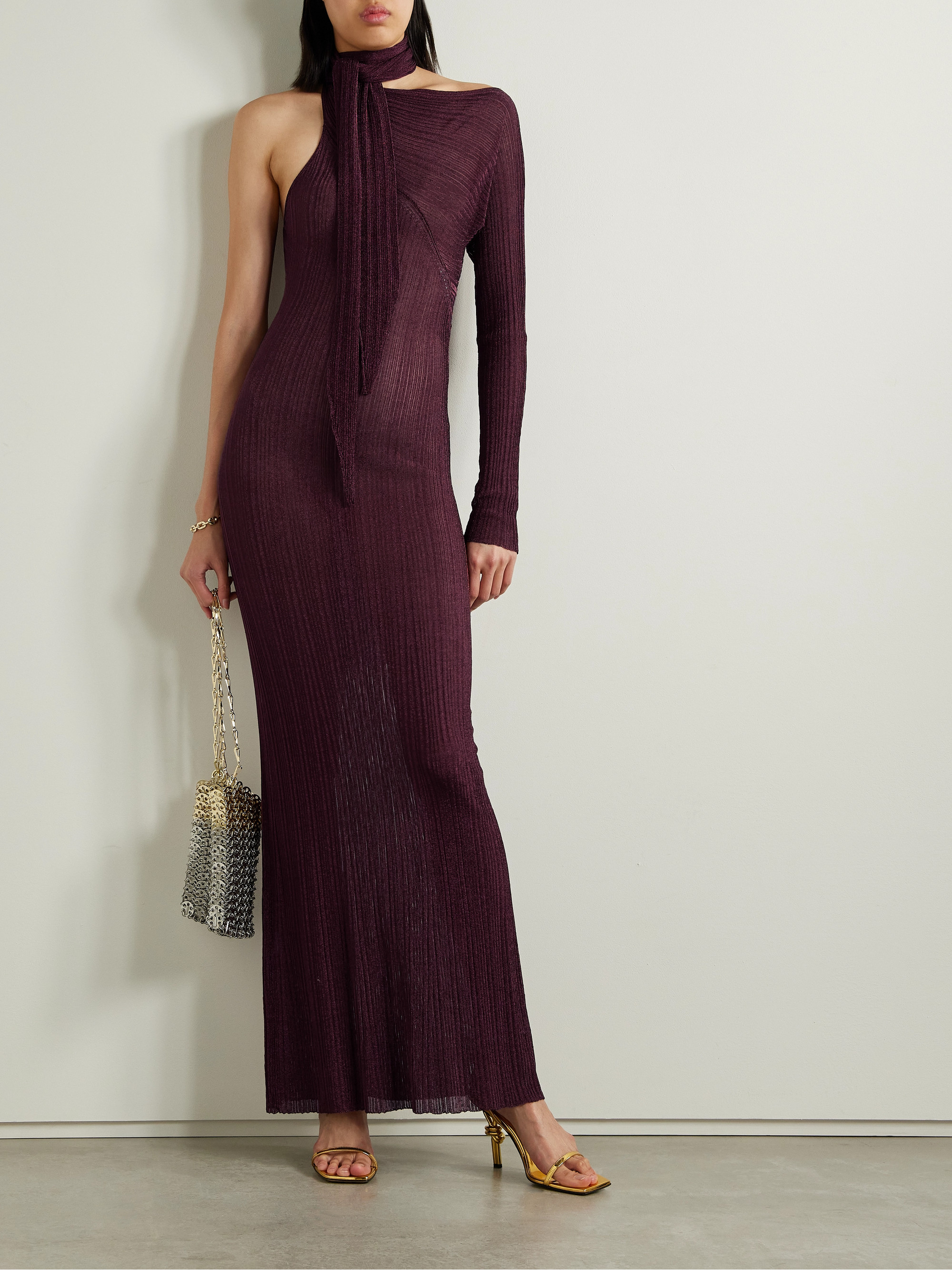 Rabanne One-sleeve tie-detailed metallic plissé-knit maxi dress