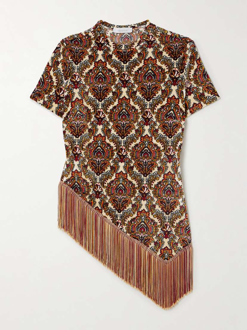 Rabanne Asymmetric Fringed Floral-print Velvet Top