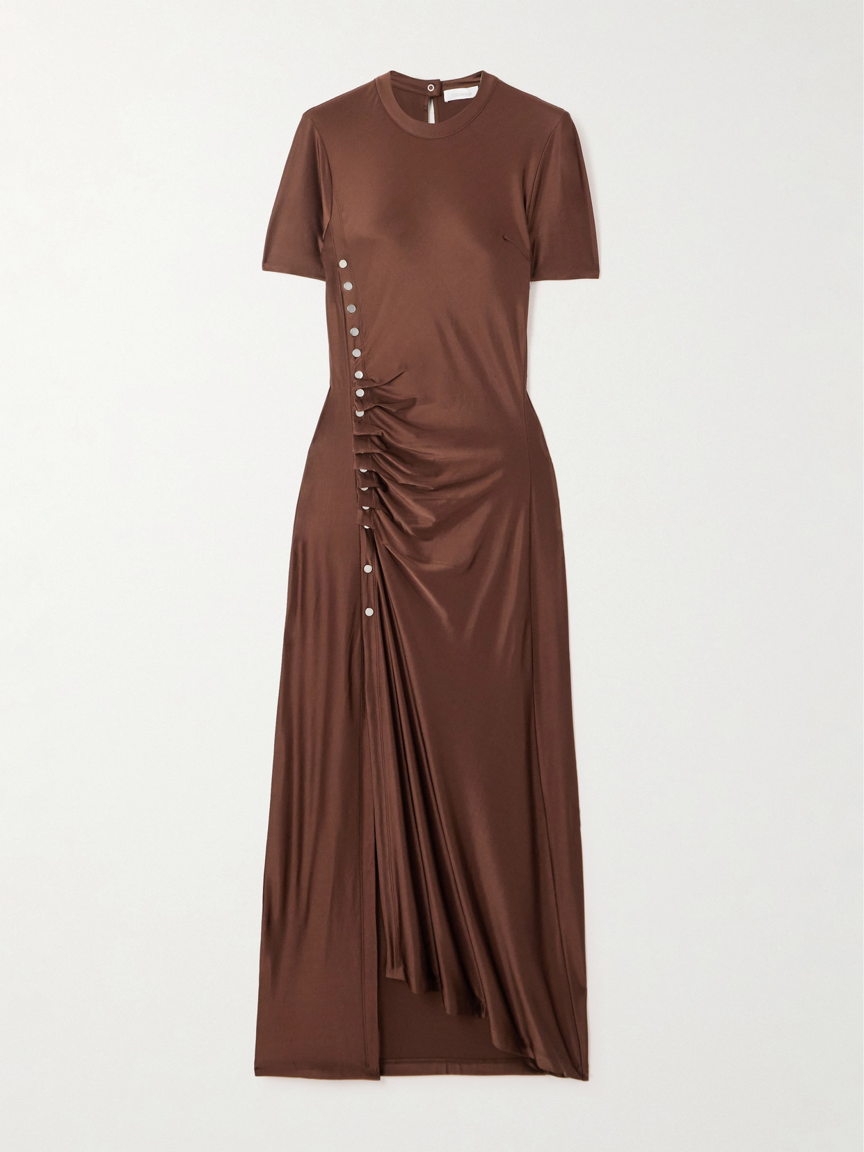 Shop Rabanne Embellished Stretch-satin Maxi Dress In Brown