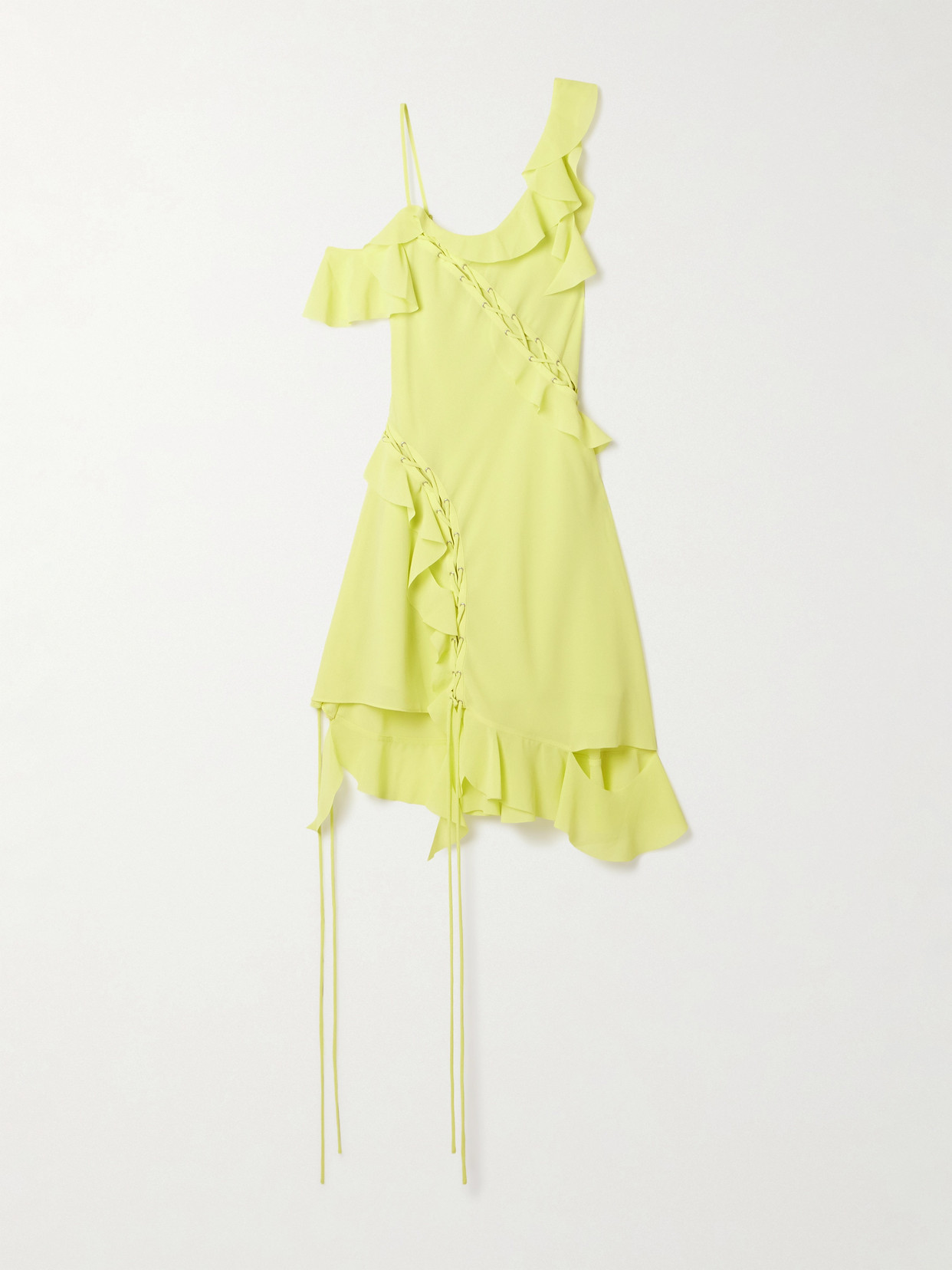 Shop Acne Studios Lace-up Ruffled Hammered-crepe Mini Dress In Yellow