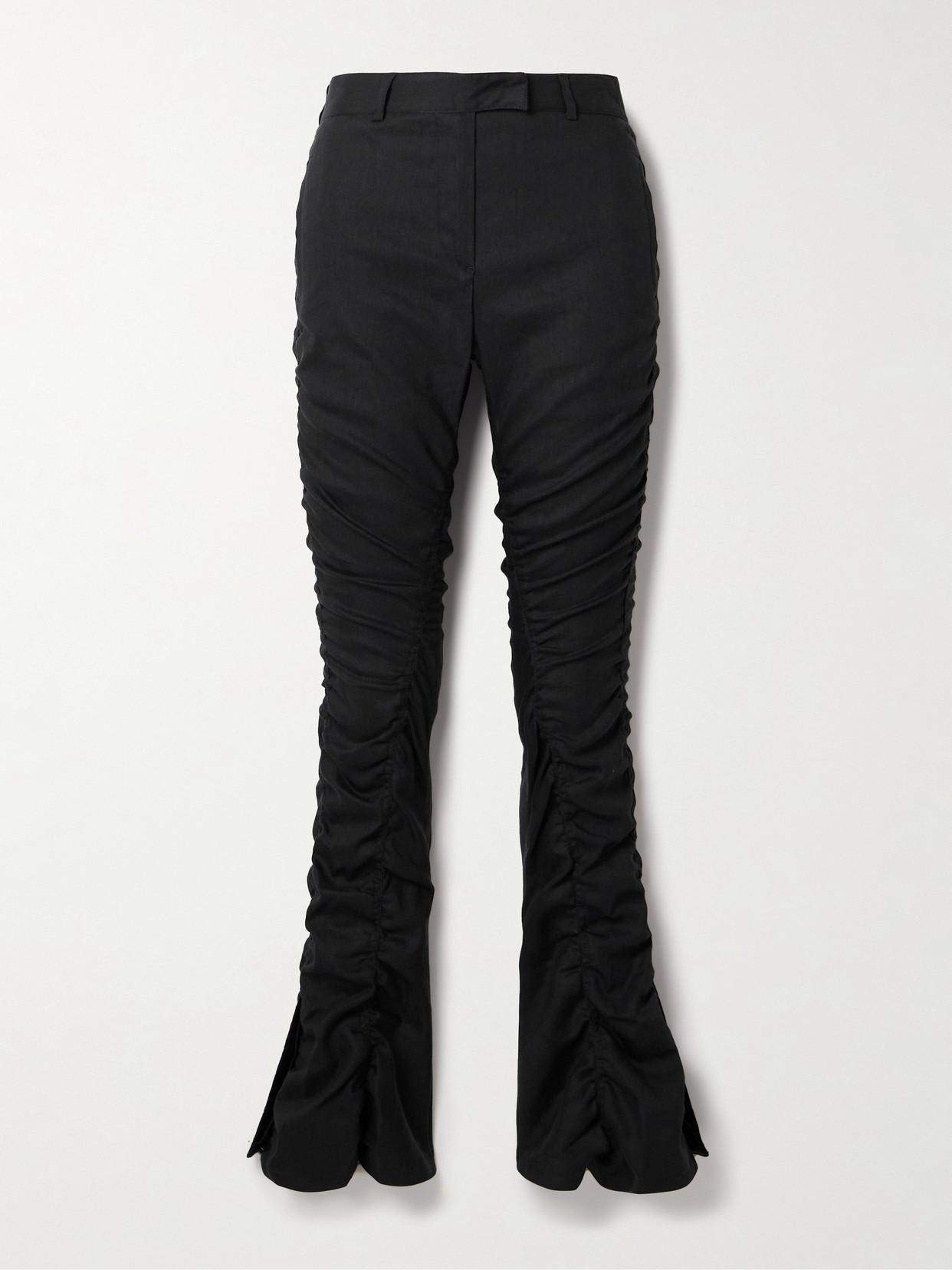 Shop Acne Studios Gathered Linen-blend Flared Pants In Black