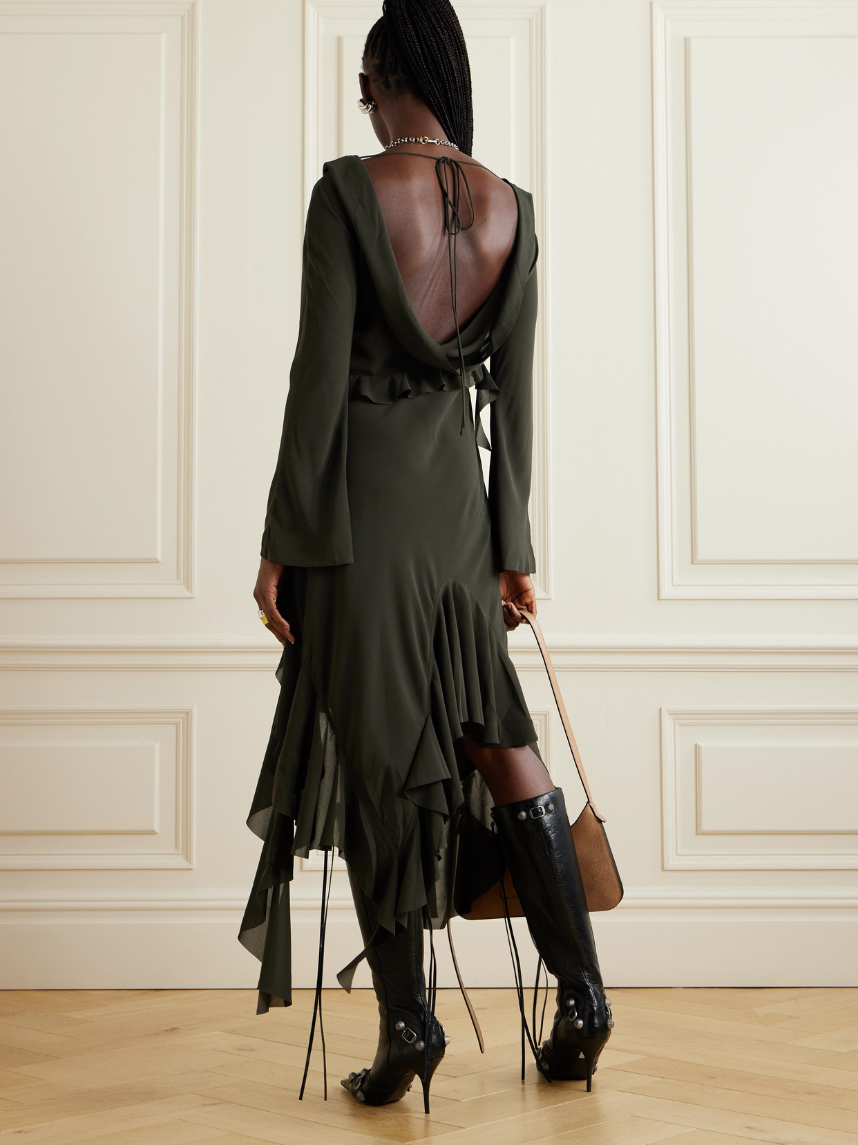 Acne Studios Open-back Asymmetric Draped Ruffled Crepe Dress In Gray