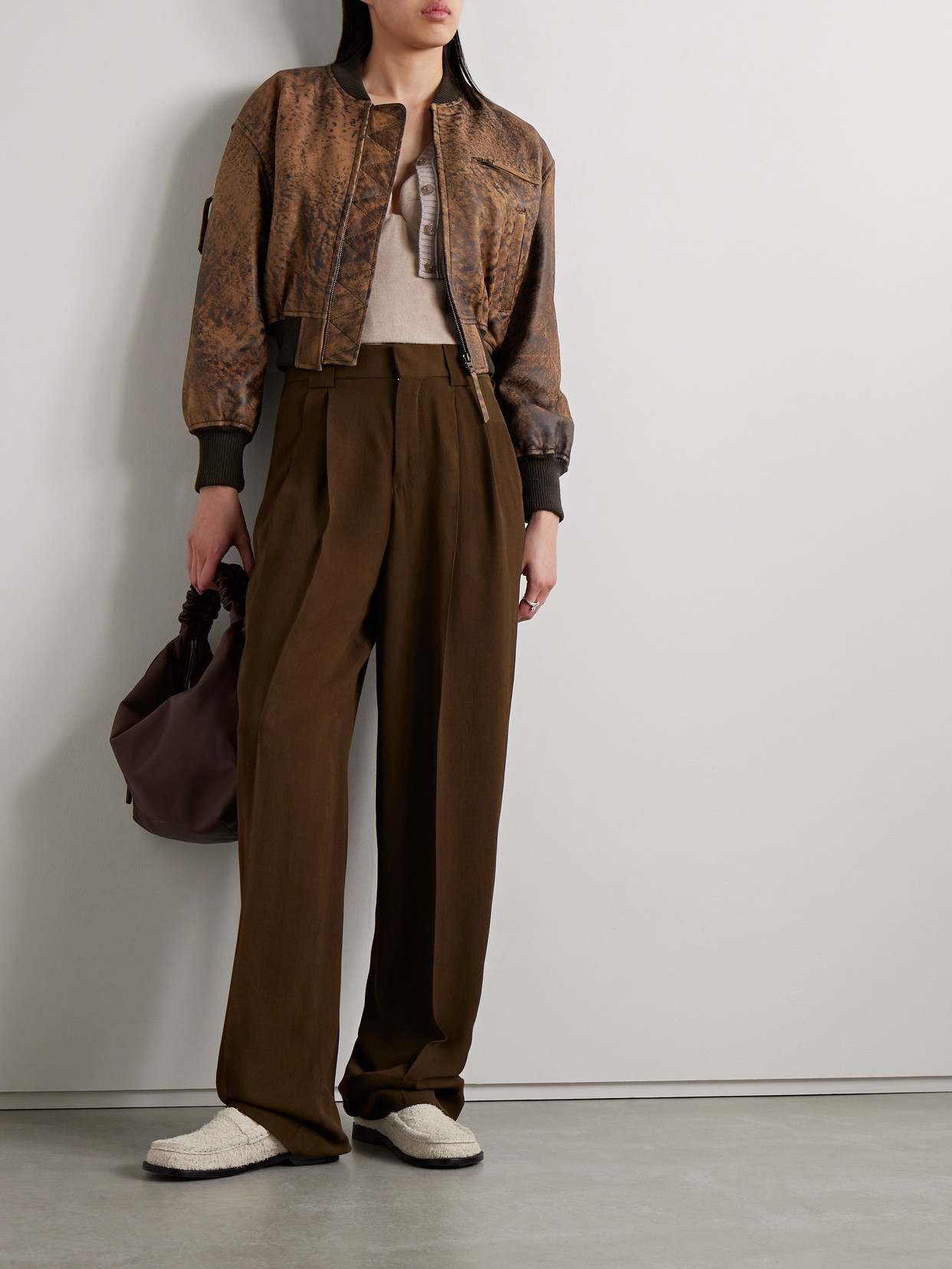 Acne Studios Distressed Leather Bomber Jacket In Brown