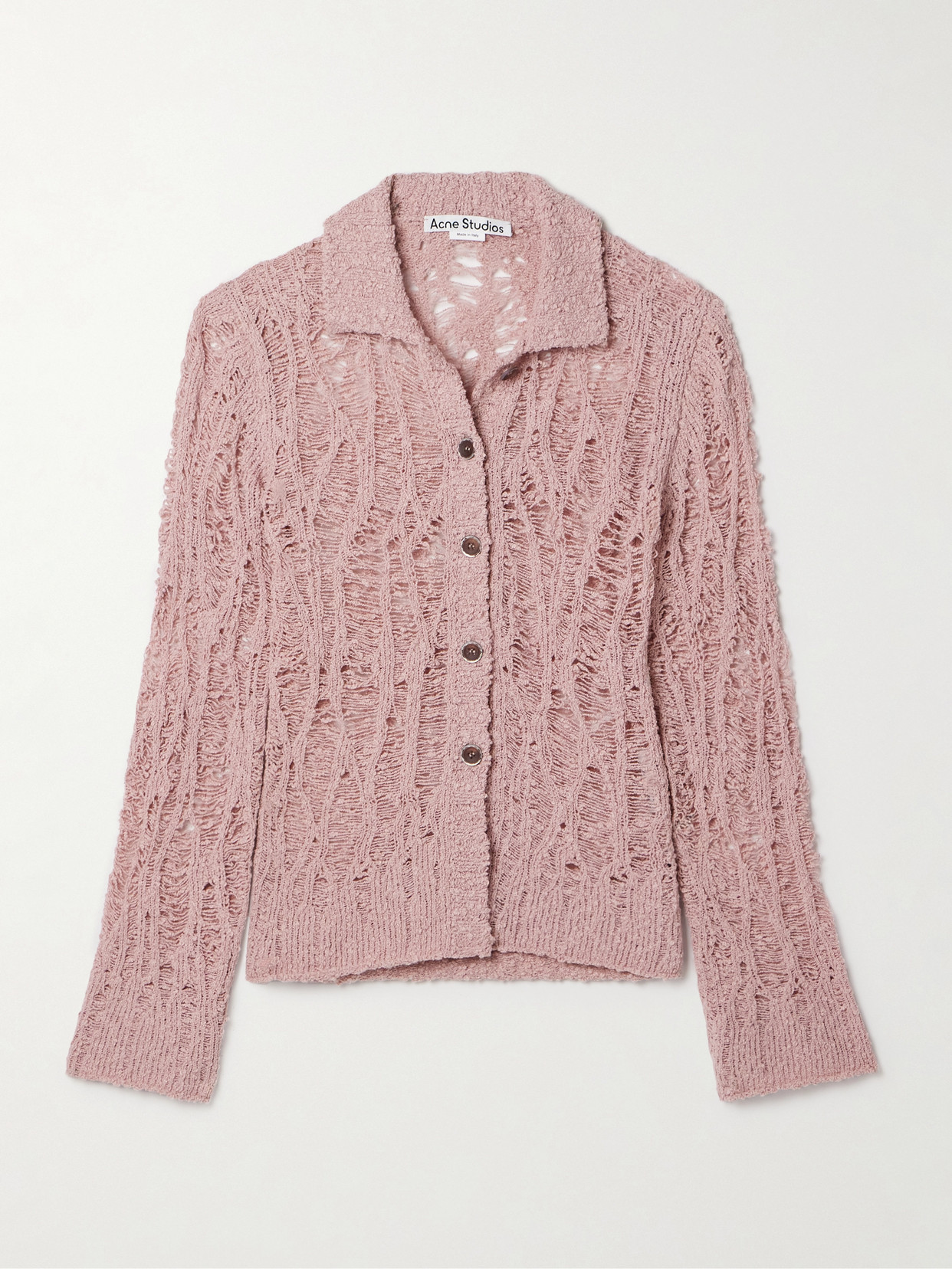 Shop Acne Studios Distressed Open-knit Cotton-blend Cardigan In Pink