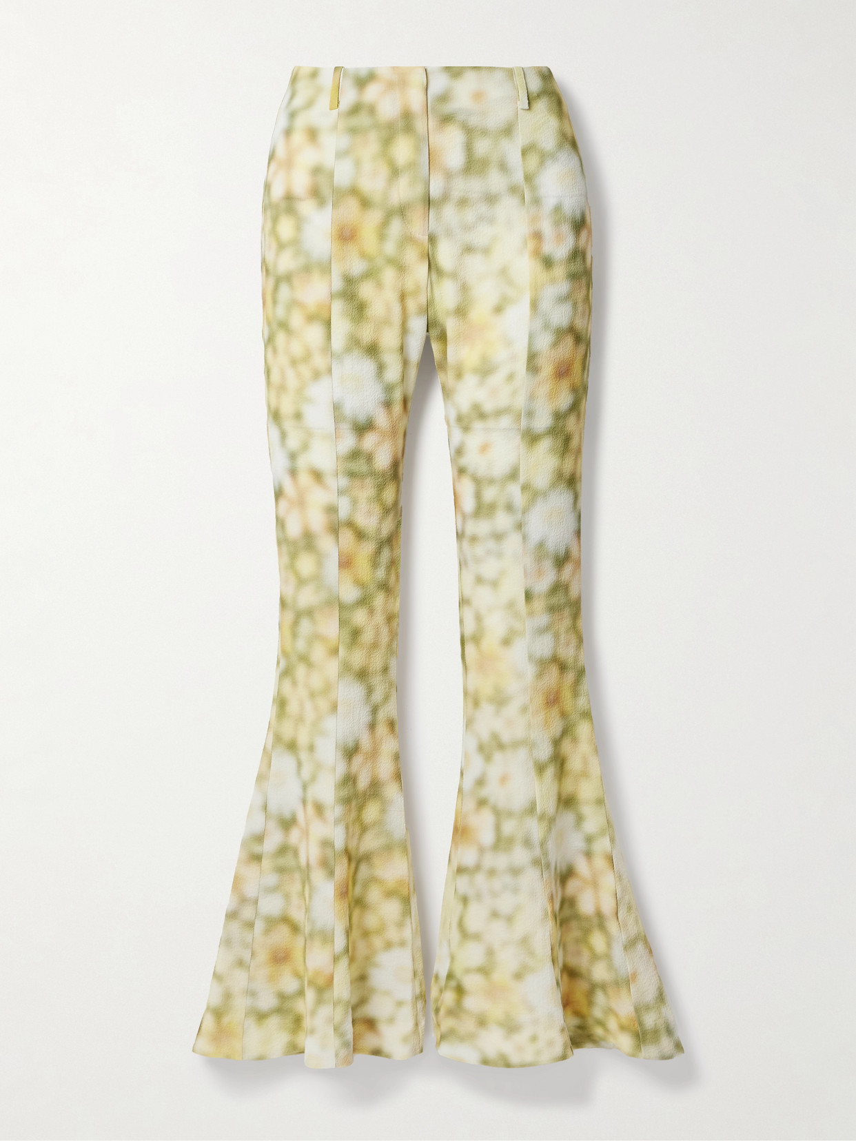 Shop Acne Studios Floral-print Hammered-crepe Flared Pants In Green