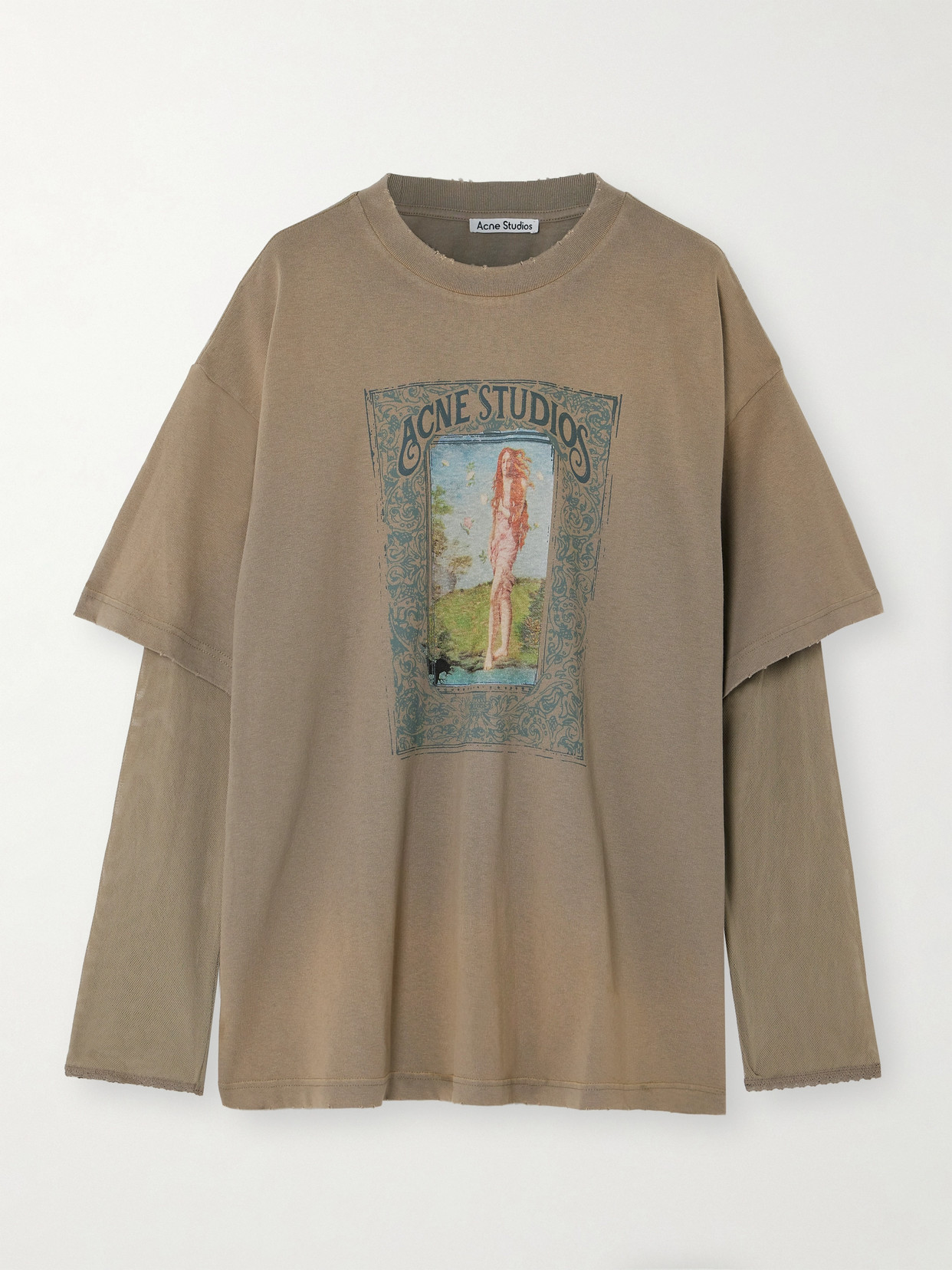 Acne Studios Oversized Layered Mesh And Printed Cotton-jersey Top In Brown