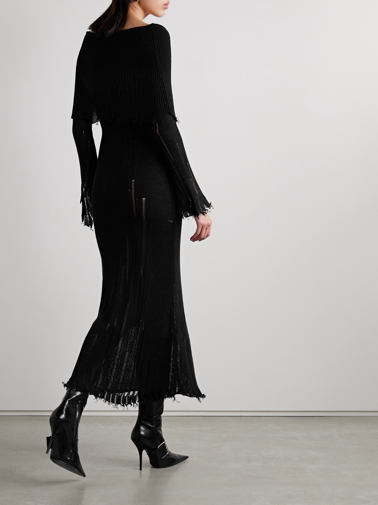Acne Studios Off-the-shoulder Distressed Ribbed Cotton-blend Maxi Dress In Black
