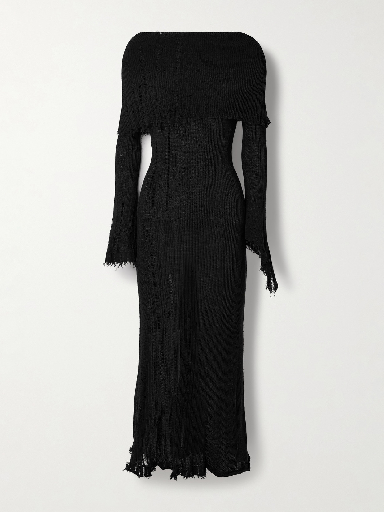 Acne Studios Off-the-shoulder Distressed Ribbed Cotton-blend Maxi Dress In Black