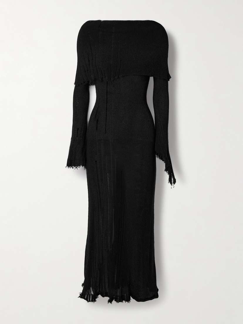 Acne Studios Off-the-shoulder Distressed Ribbed Cotton-blend Maxi Dress