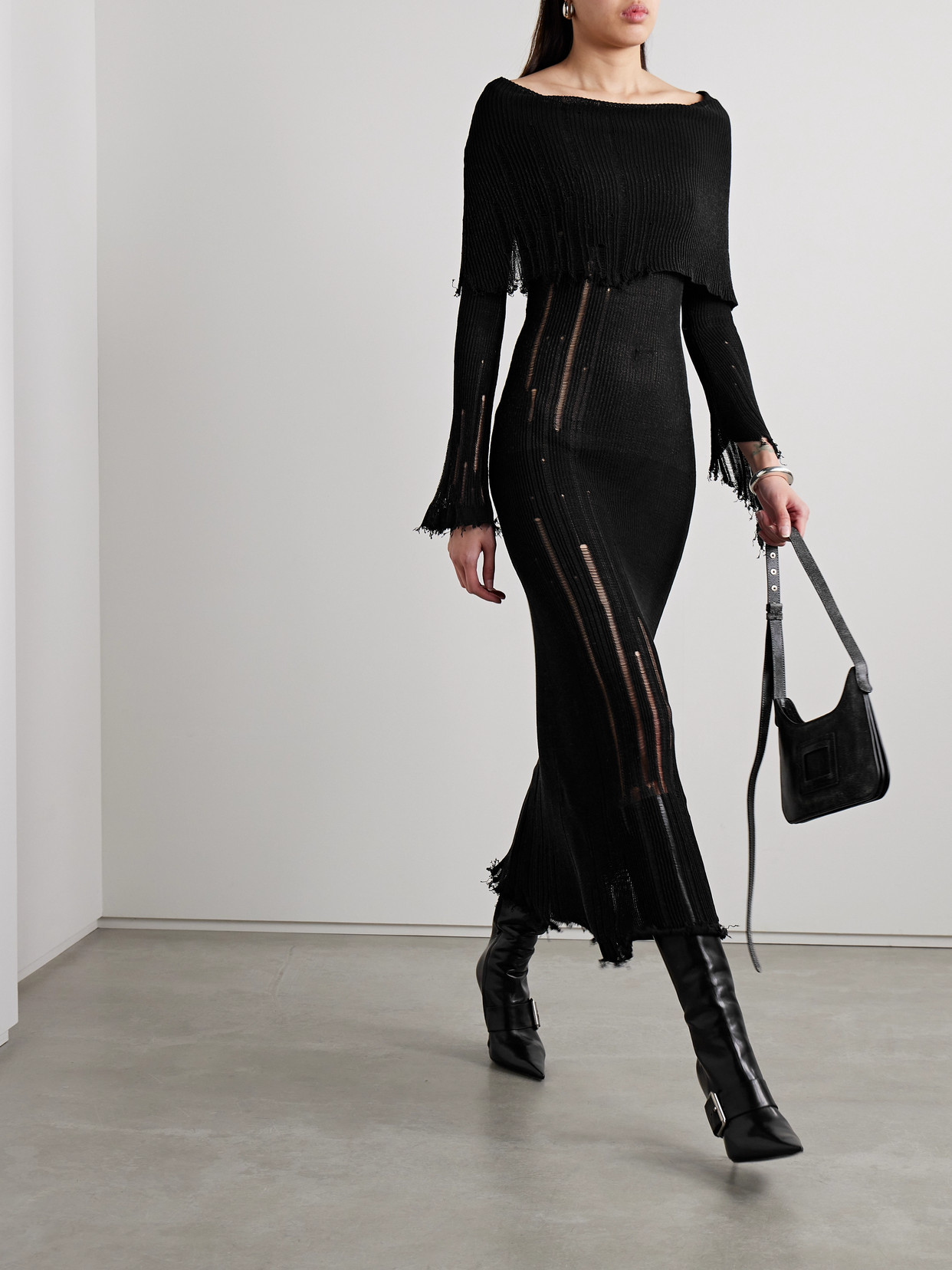 Acne Studios Off-the-shoulder Distressed Ribbed Cotton-blend Maxi Dress In Black