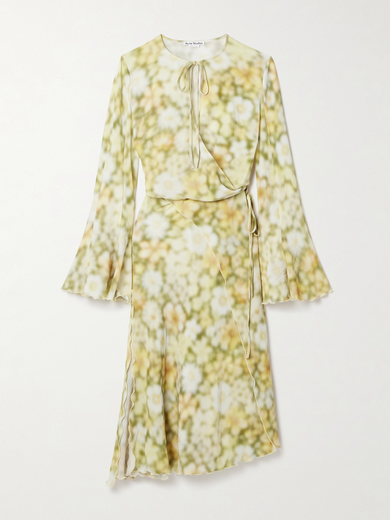 Shop Acne Studios Wrap-effect Floral-print Hammered-crepe Mini Dress In Yellow