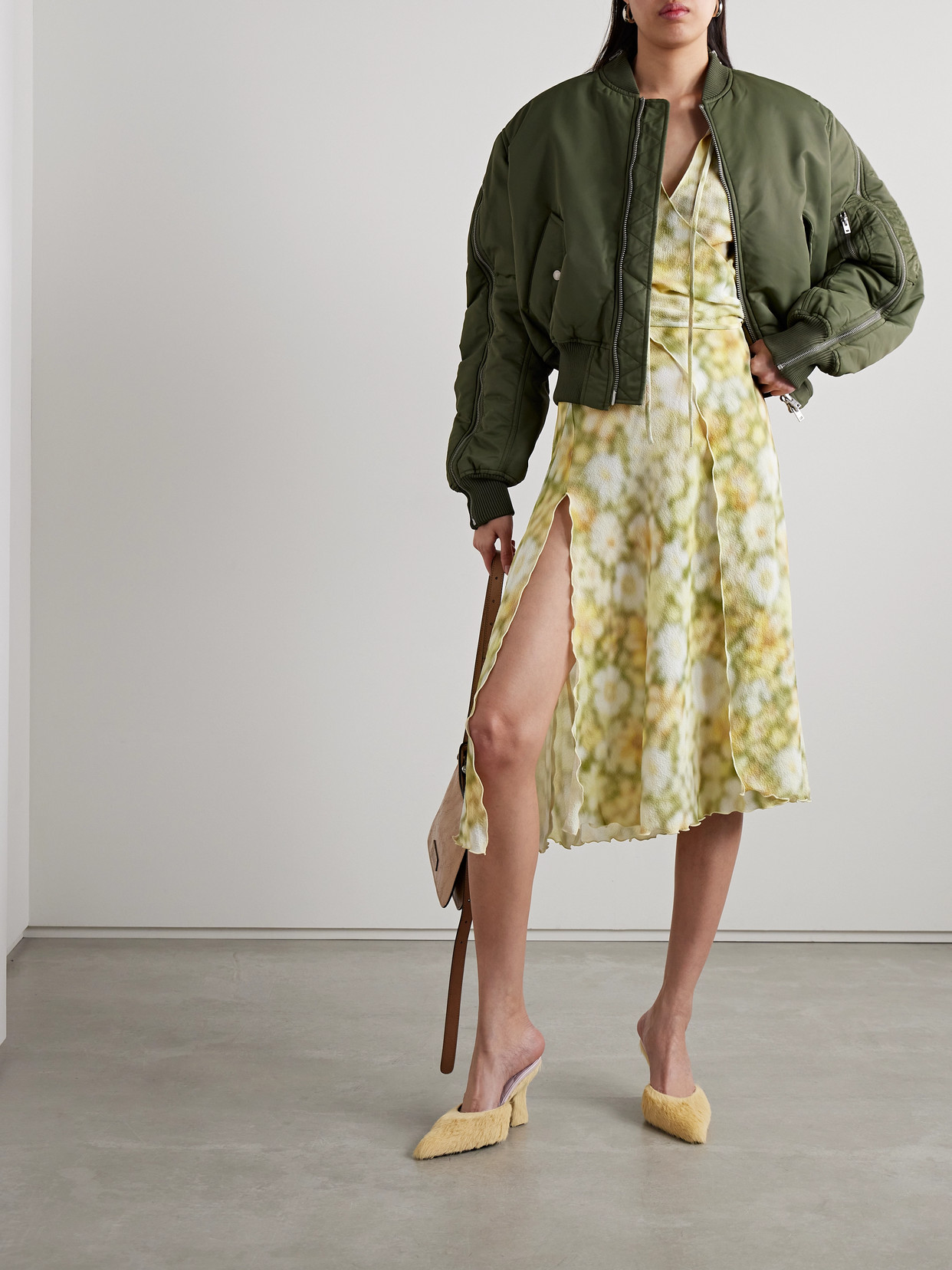 Shop Acne Studios Wrap-effect Floral-print Hammered-crepe Mini Dress In Yellow