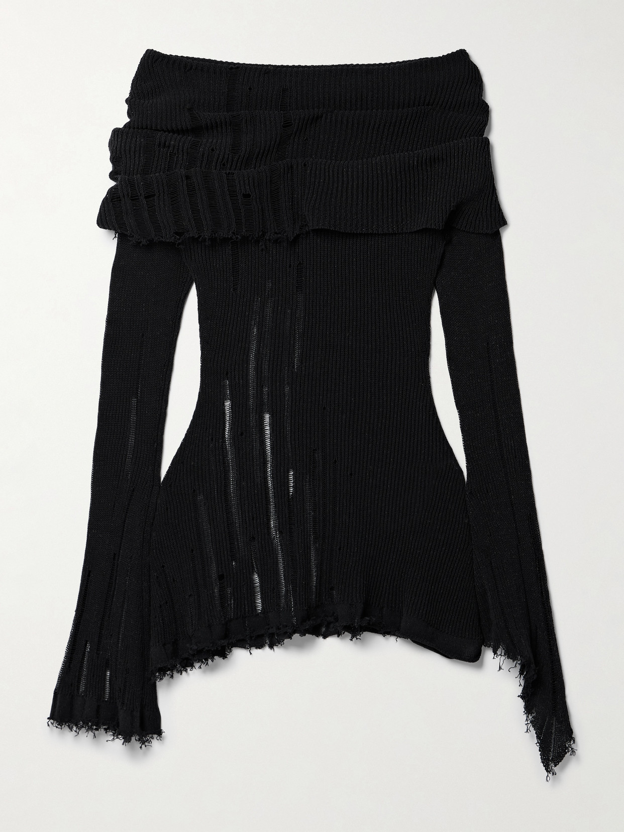 Acne Studios Off-the-shoulder Distressed Ribbed Cotton-blend Sweater - Black
