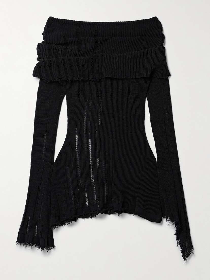 Acne Studios Off-the-shoulder Distressed Ribbed Cotton-blend Sweater