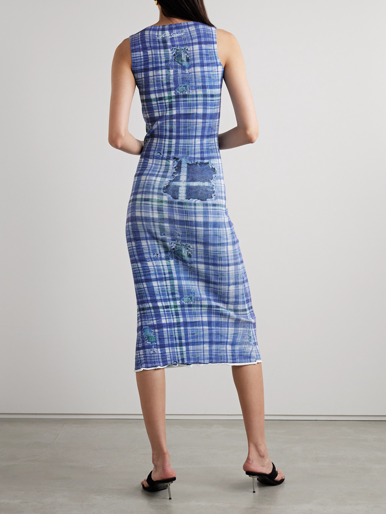 Shop Acne Studios Printed Ribbed Stretch-knit Midi Dress In Blue