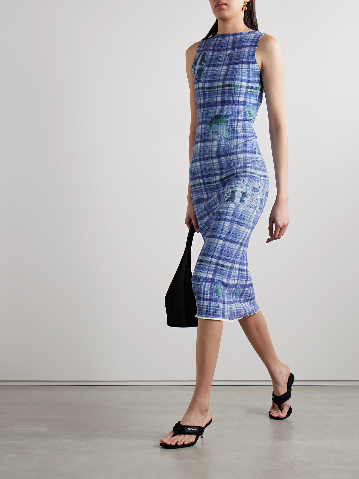 Shop Acne Studios Printed Ribbed Stretch-knit Midi Dress In Blue