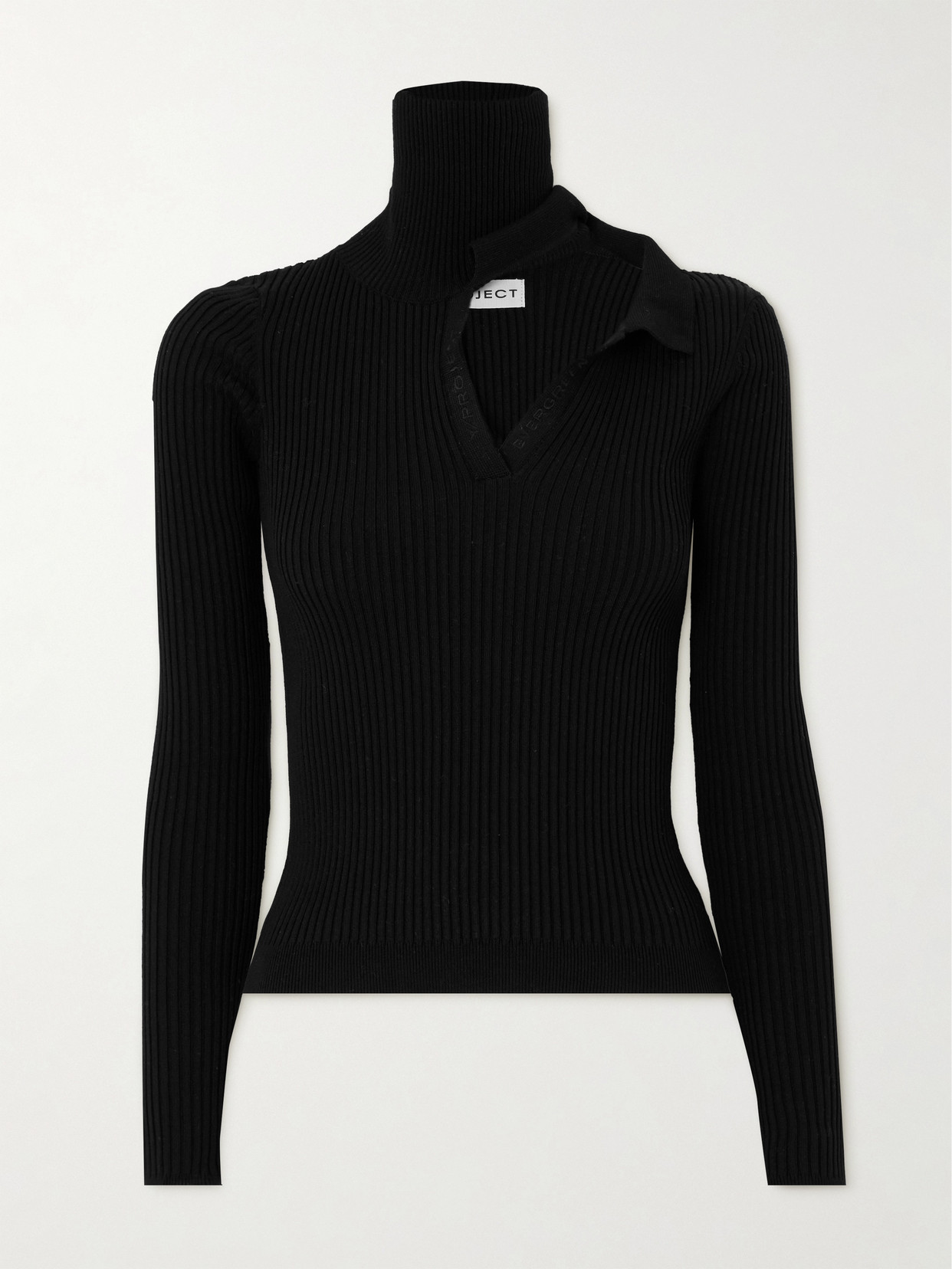 Y/project Embroidered Cutout Ribbed Cotton Turtleneck Sweater In Black