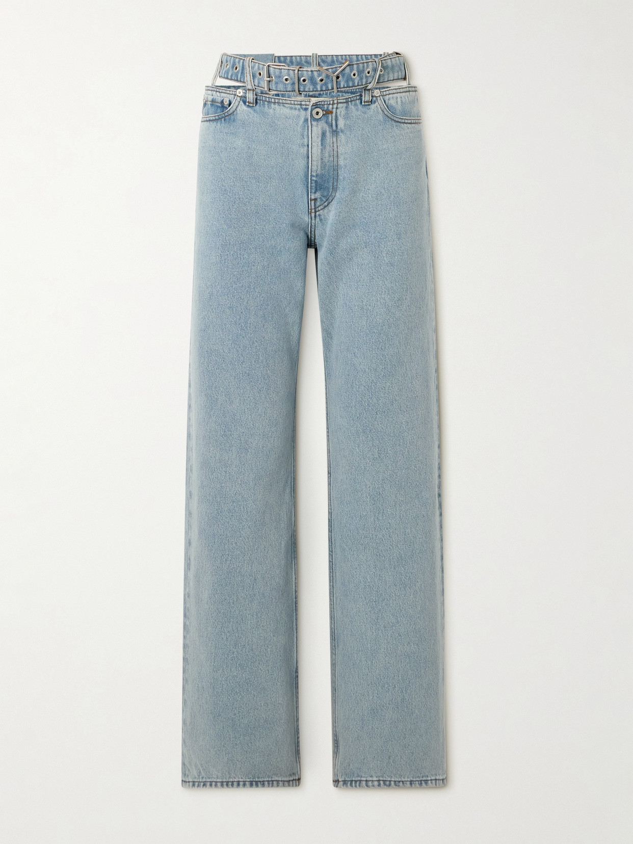 Y/project Evergreen Belted Cut-out Organic High-rise Straight-leg Jeans In Blue