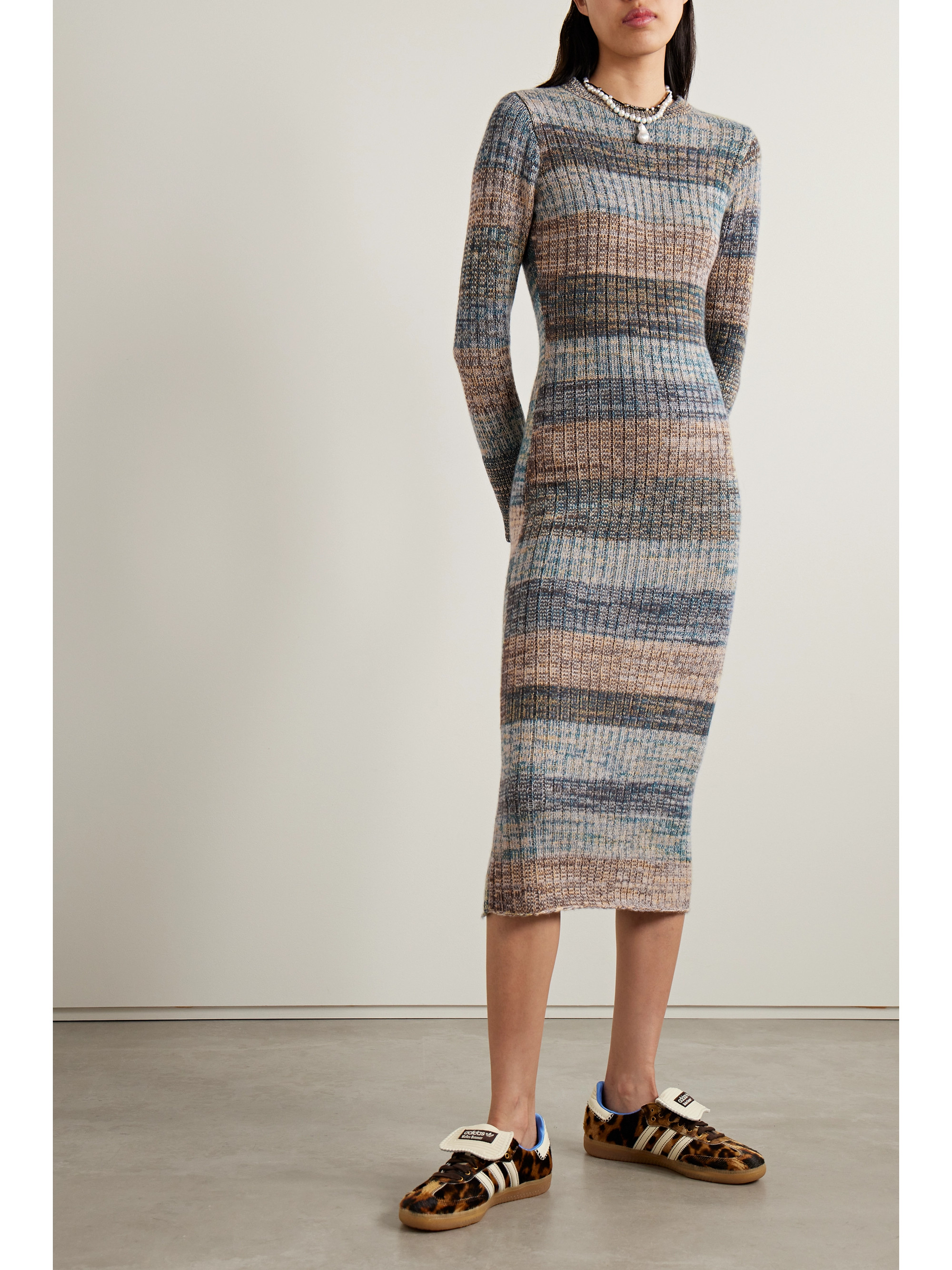 The Elder Statesman Cosmic ribbed striped cashmere midi dress thumbnail