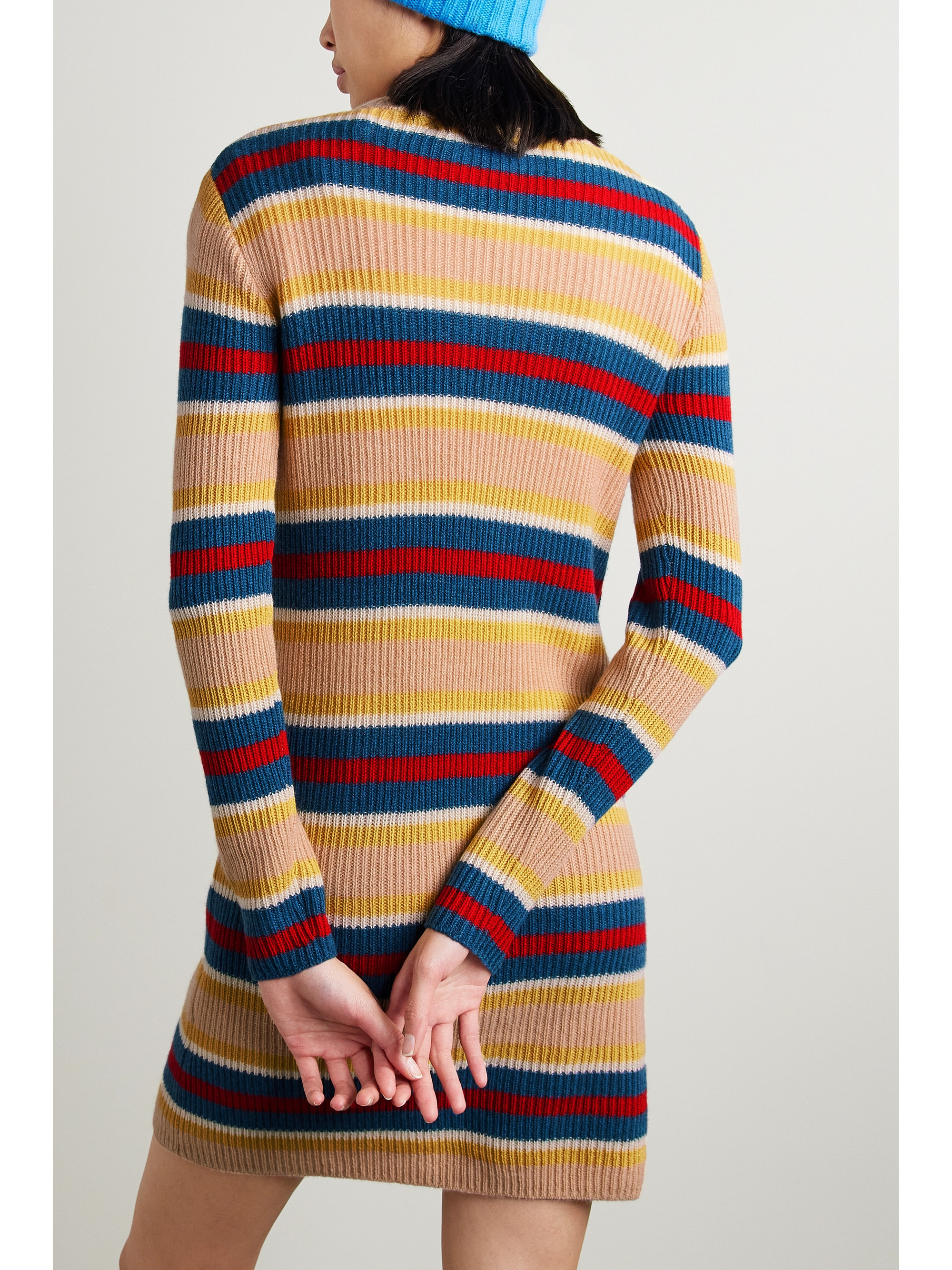 The Elder Statesman Striped ribbed cashmere turtleneck mini dress thumbnail