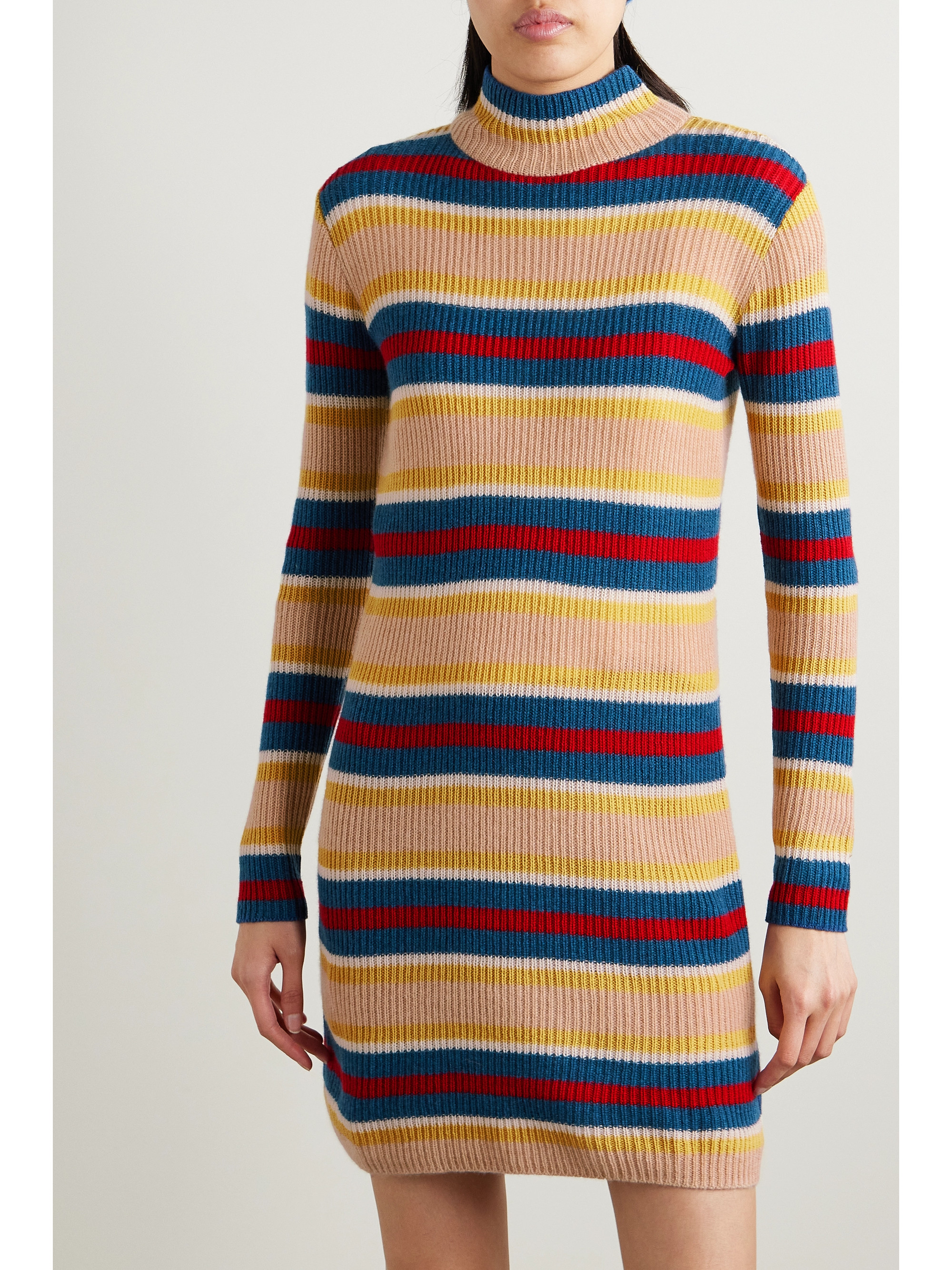 The Elder Statesman Striped ribbed cashmere turtleneck mini dress thumbnail
