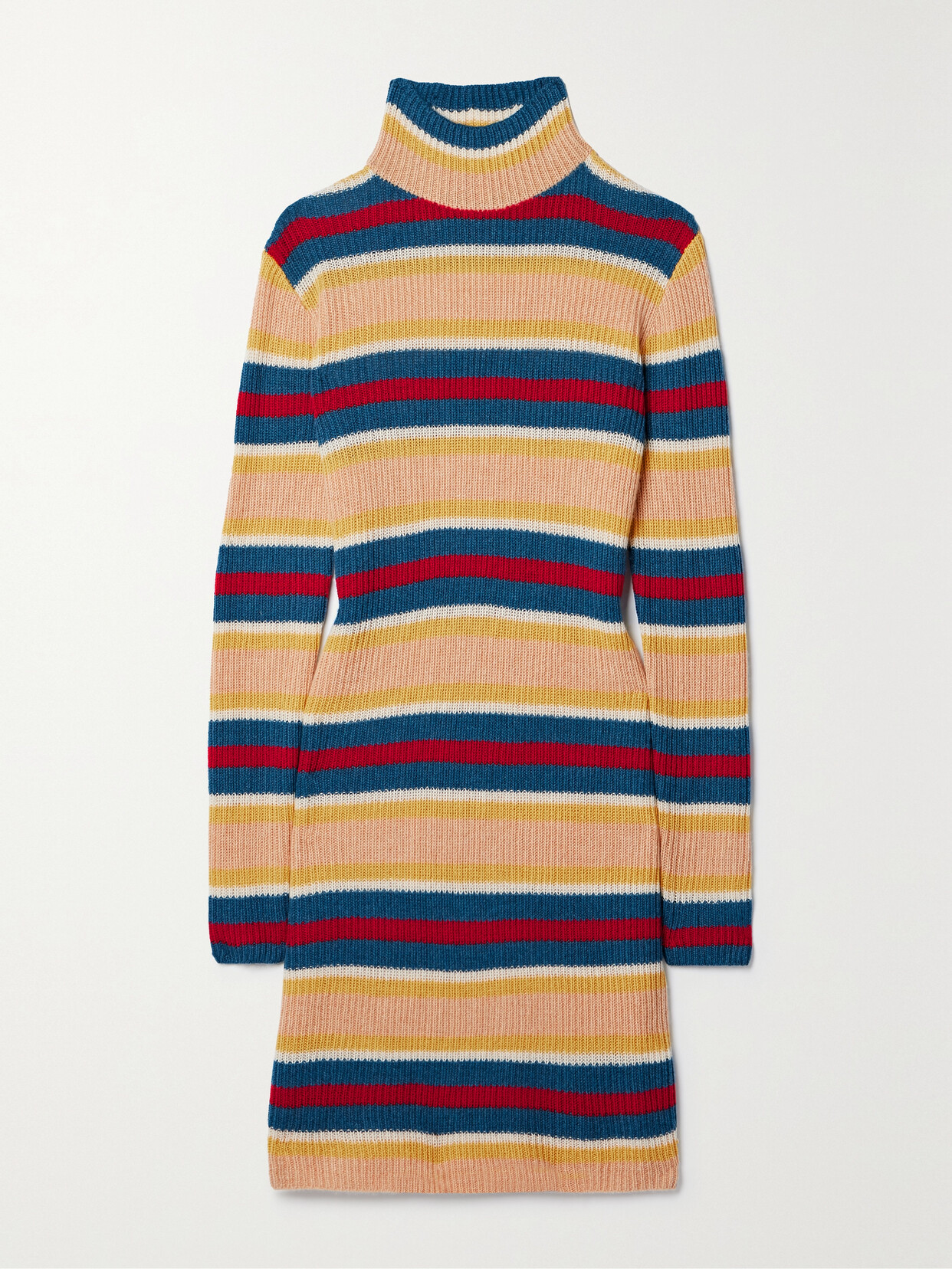 The Elder Statesman Striped Ribbed Cashmere Turtleneck Mini Dress In Multi