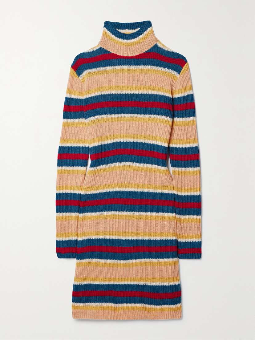 The Elder Statesman Striped Ribbed Cashmere Turtleneck Mini Dress