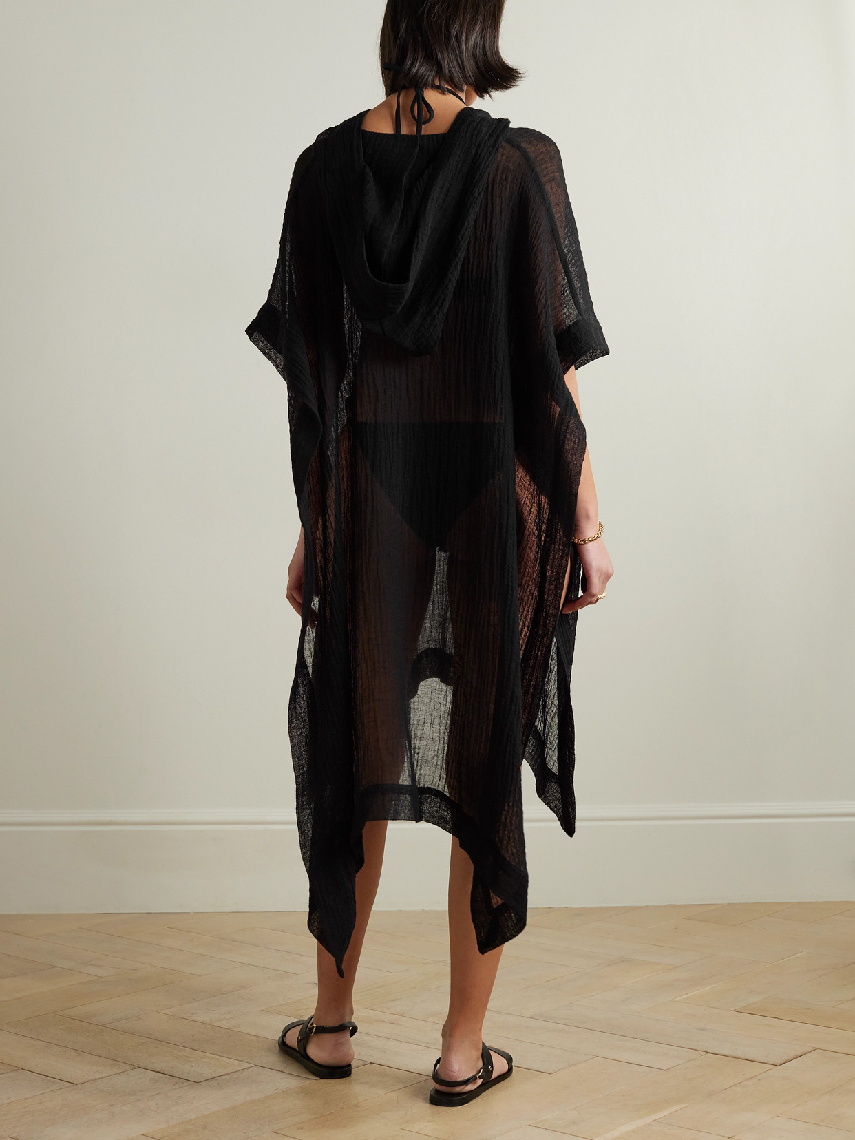 Shop Lisa Marie Fernandez + Net Sustain Hooded Asymmetric Linen-blend Gauze Kaftan In Black