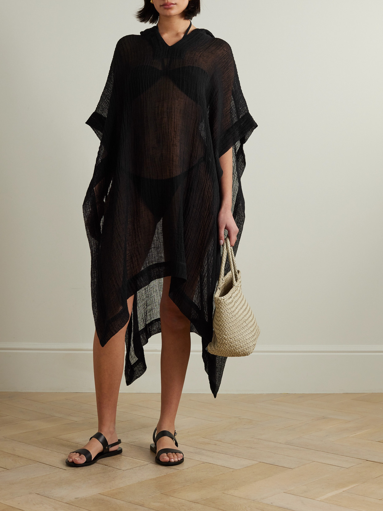 Shop Lisa Marie Fernandez + Net Sustain Hooded Asymmetric Linen-blend Gauze Kaftan In Black