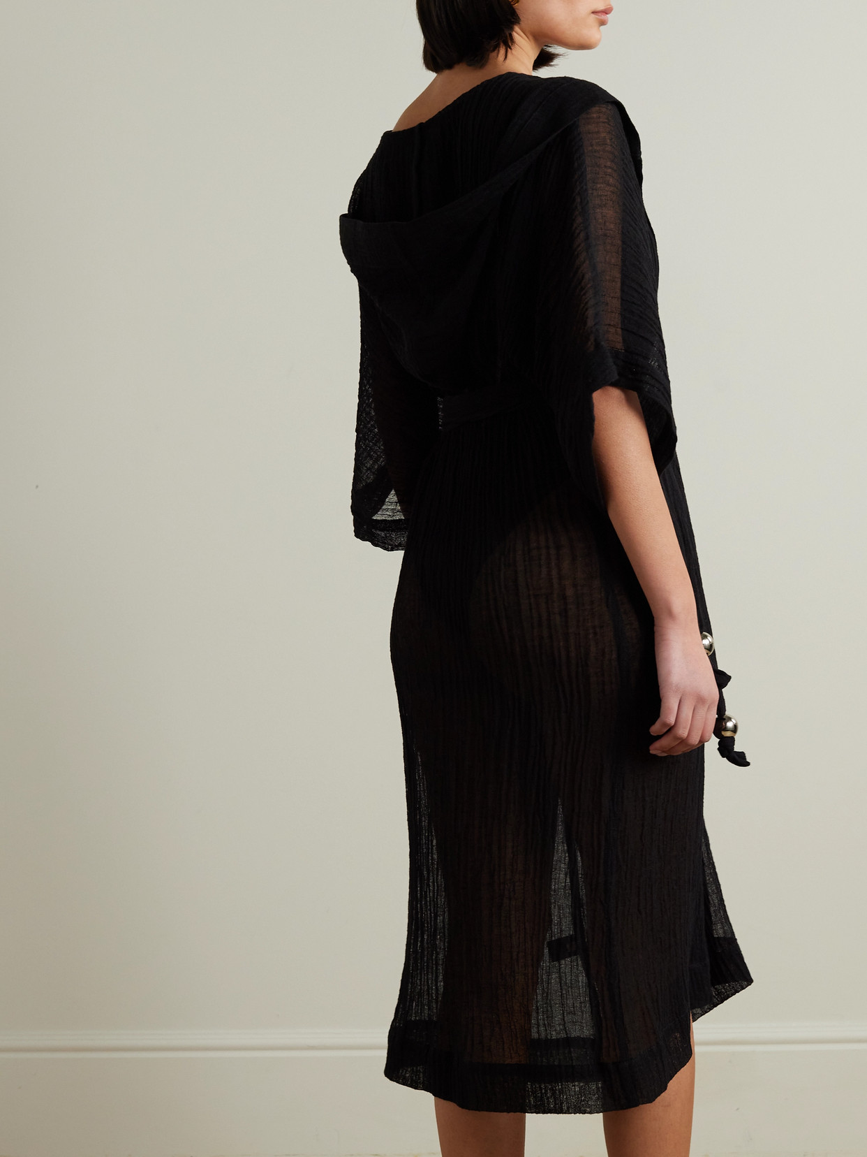 Lisa Marie Fernandez + Net Sustain Hooded Belted Linen-blend Gauze Coverup In Black