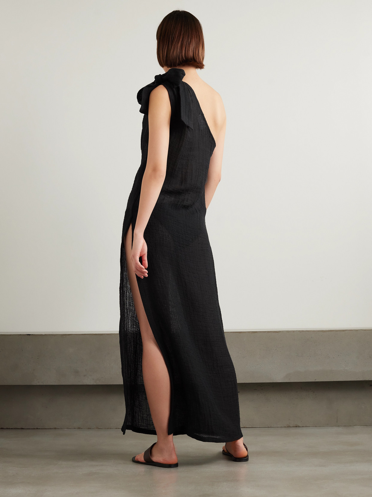 Shop Lisa Marie Fernandez + Net Sustain One-shoulder Linen-blend Gauze Maxi Dress In Black