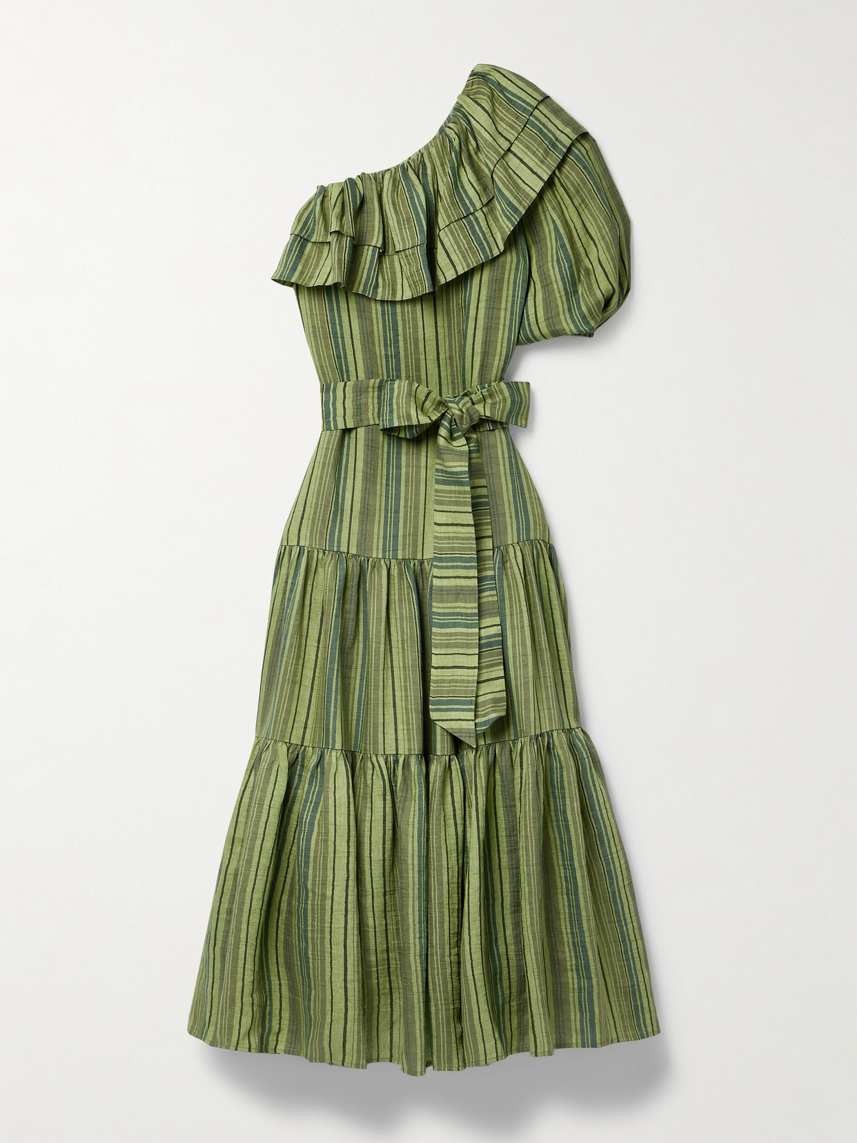 Lisa Marie Fernandez + Net Sustain Arden One-sleeve Ruffled Striped Linen-blend Maxi Dress In Green