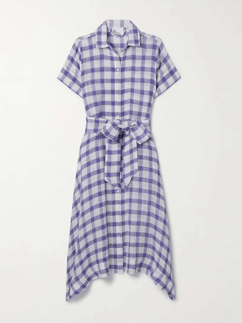 Lisa Marie Fernandez + Net Sustain Belted Checked Linen-blend Gauze Midi Shirt Dress