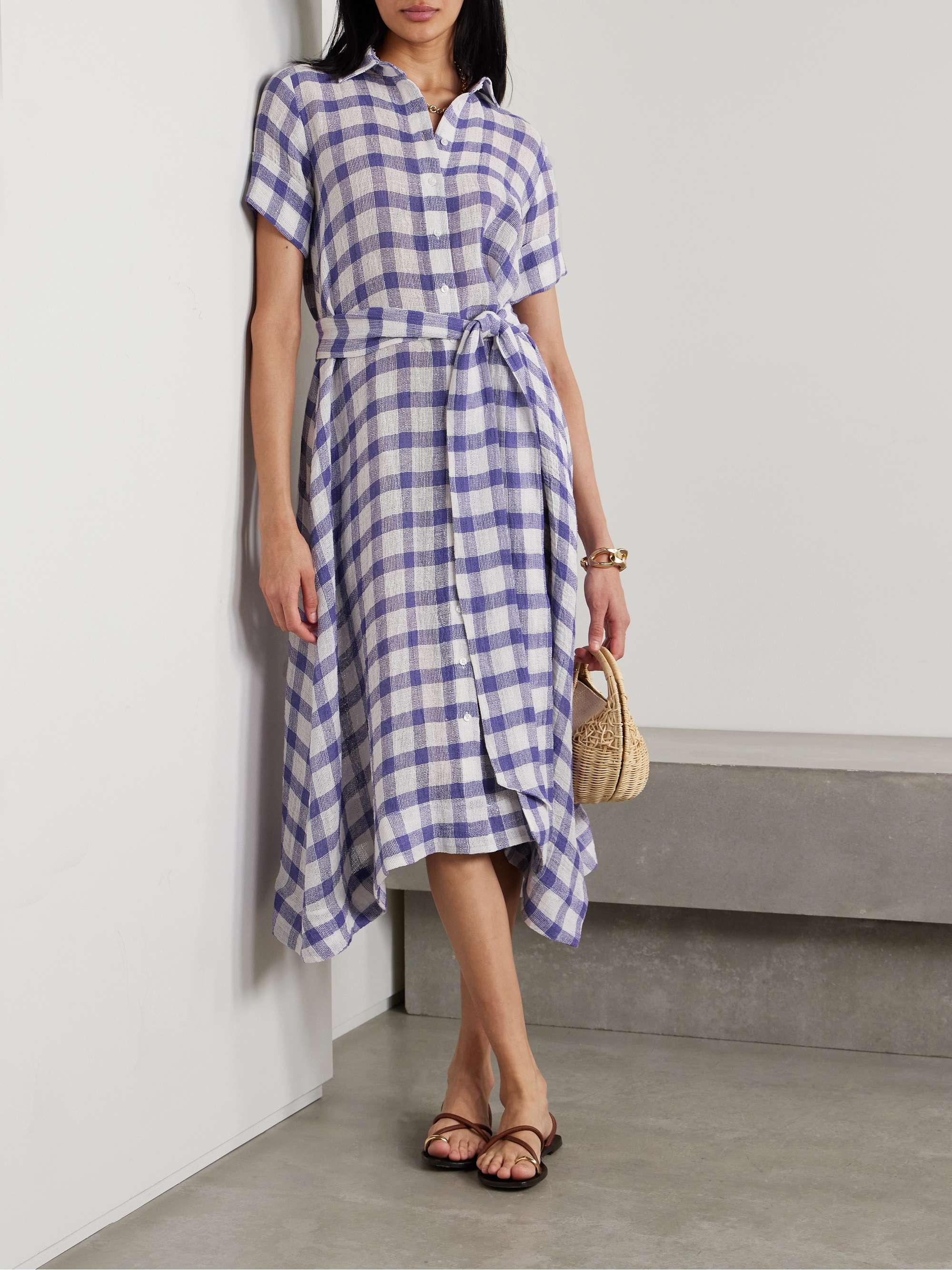 LISA MARIE FERNANDEZ + NET SUSTAIN belted checked linen-blend gauze ...