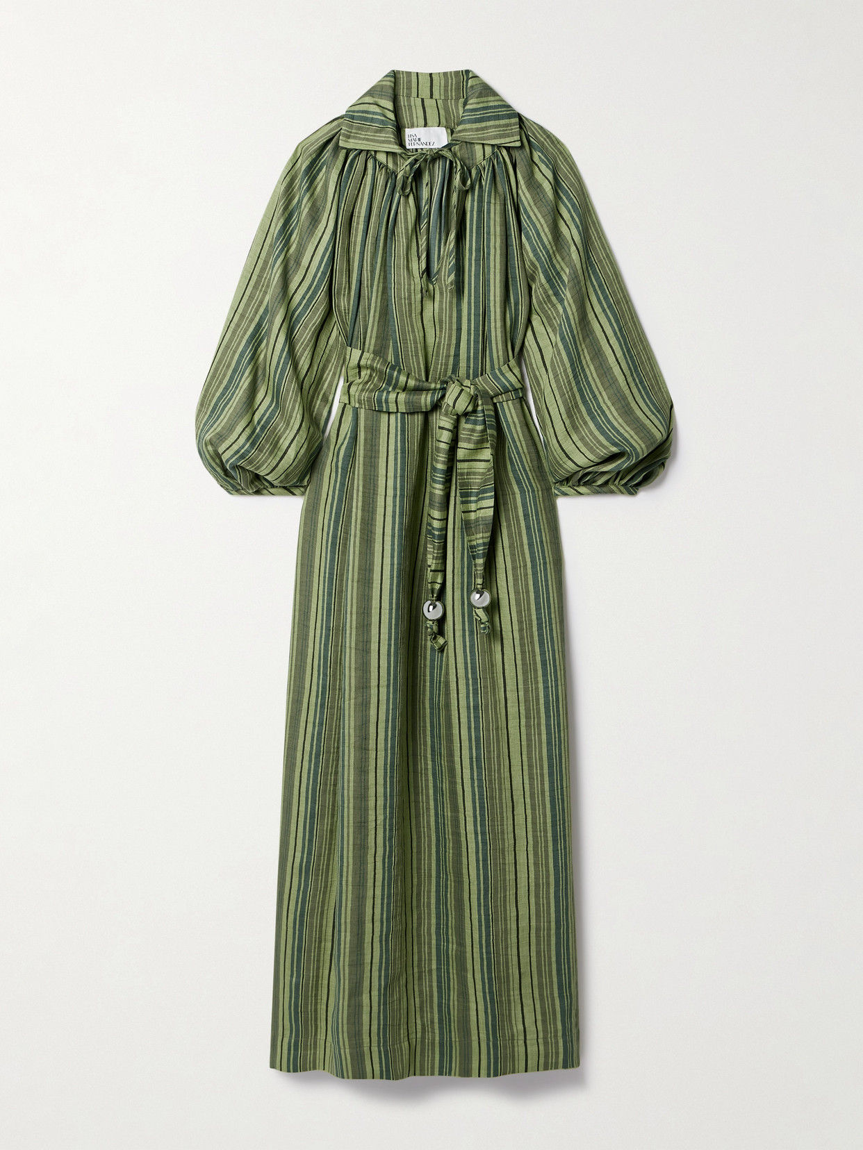 Shop Lisa Marie Fernandez + Net Sustain Poet Belted Striped Linen-blend Maxi Dress In Green