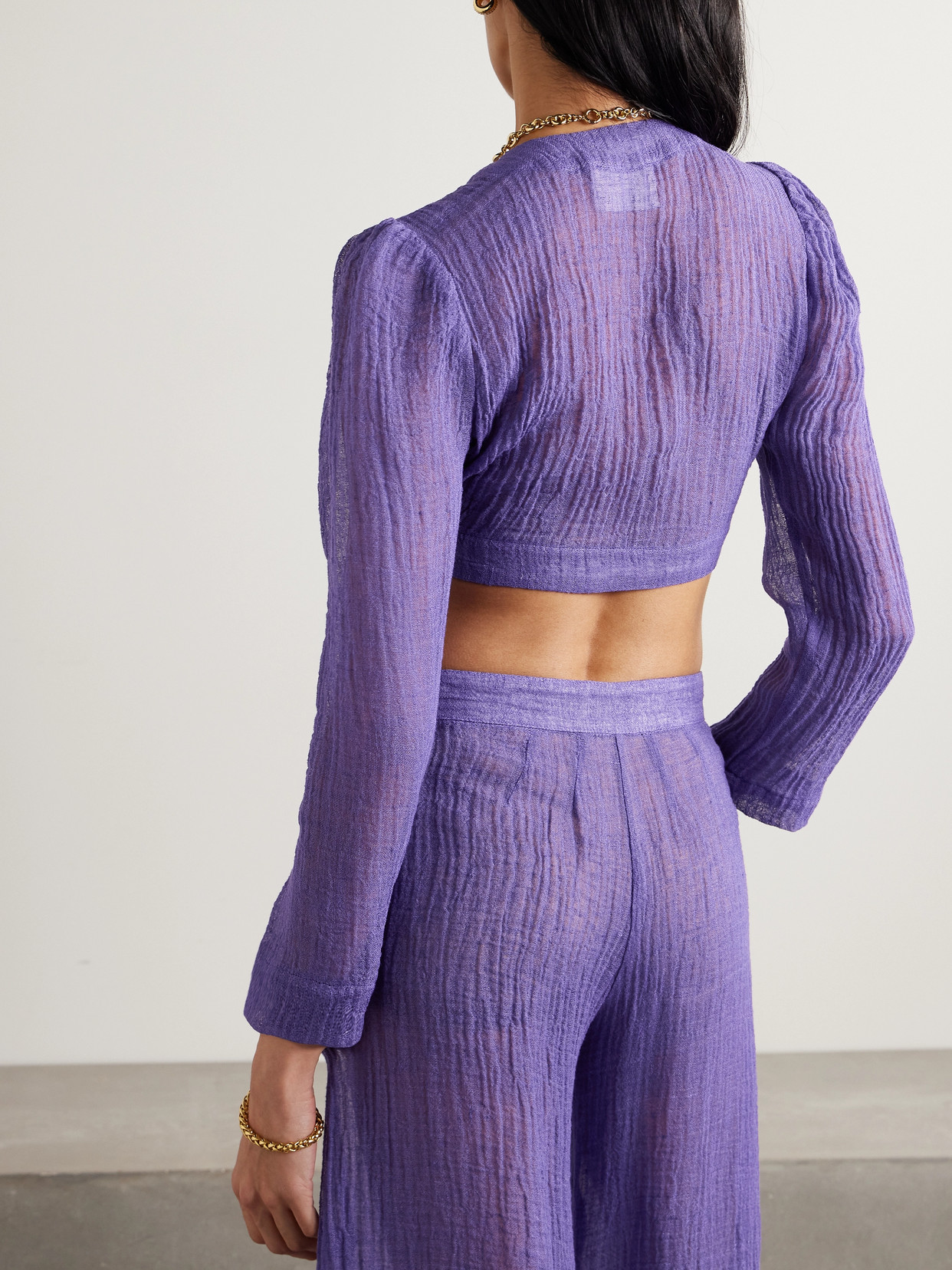 Lisa Marie Fernandez + Net Sustain Cropped Tie-front Linen-blend Gauze Blouse In Purple