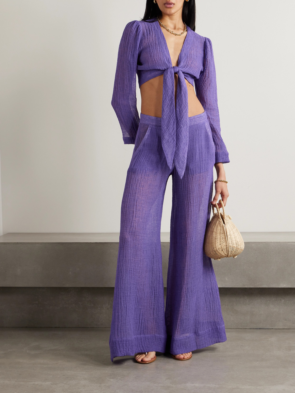 Lisa Marie Fernandez + Net Sustain Cropped Tie-front Linen-blend Gauze Blouse In Purple
