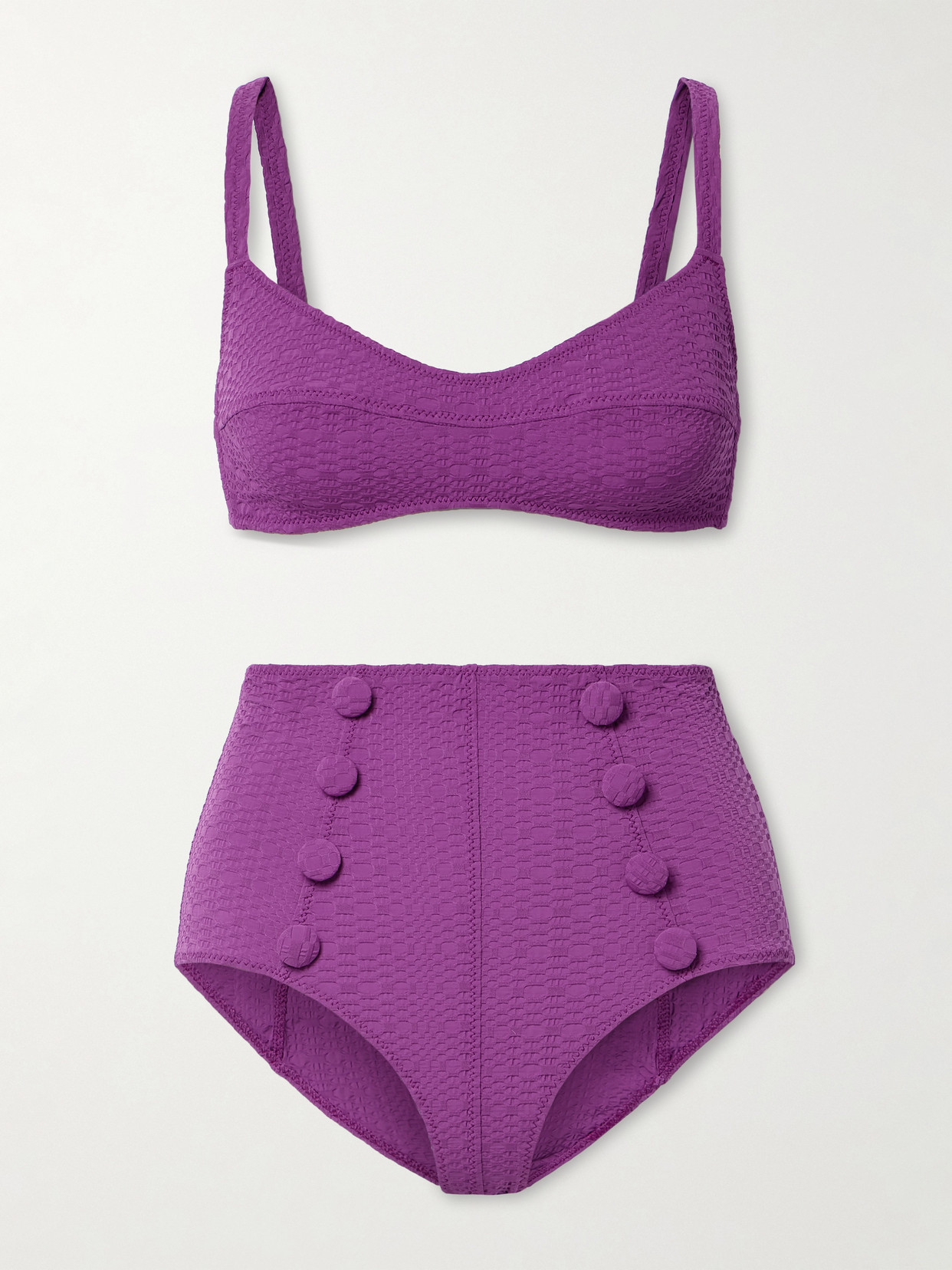 Lisa Marie Fernandez + Net Sustain Button-embellished Seersucker Bikini - Purple