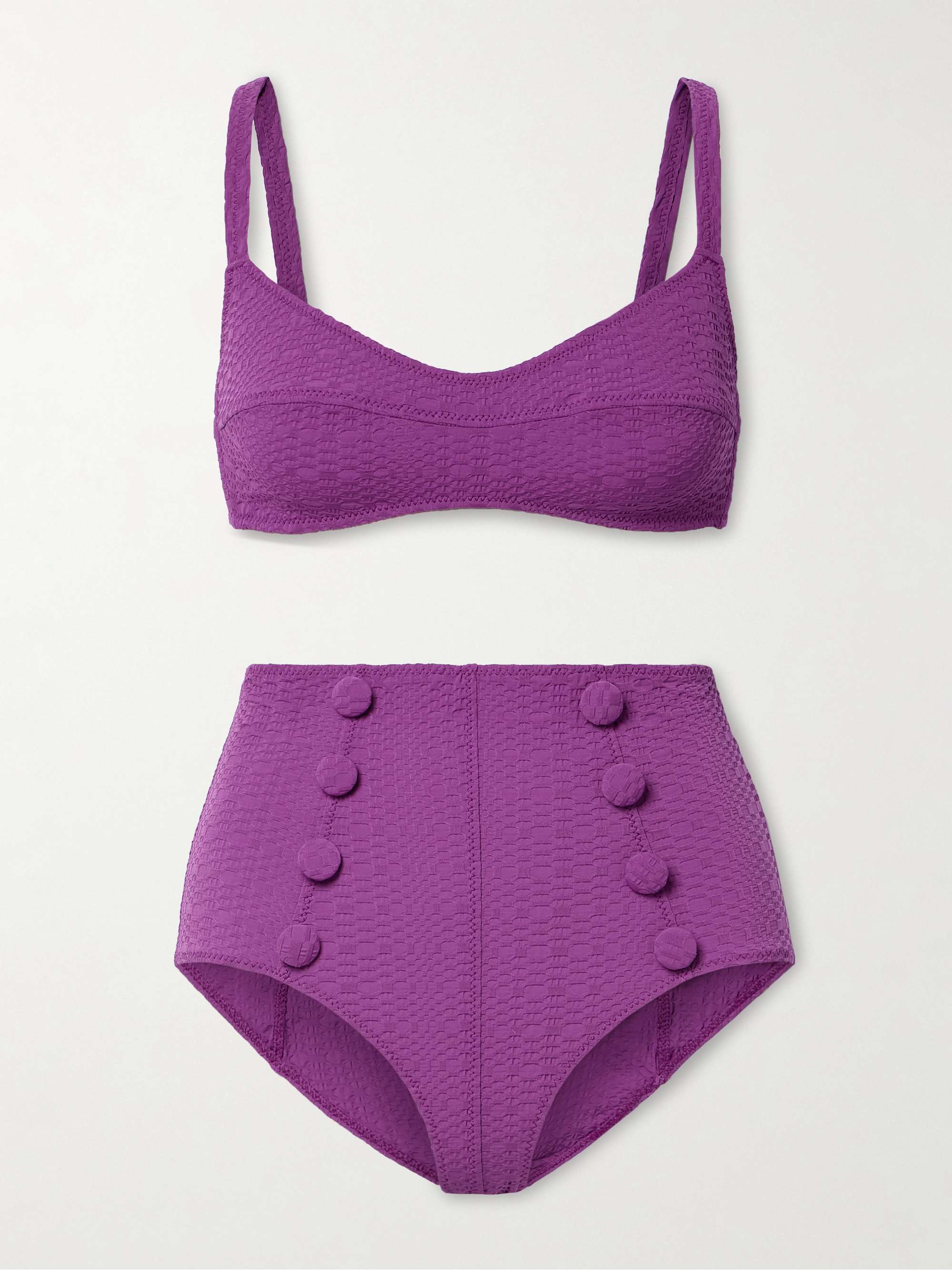 LISA MARIE FERNANDEZ + NET SUSTAIN button-embellished seersucker bikini ...