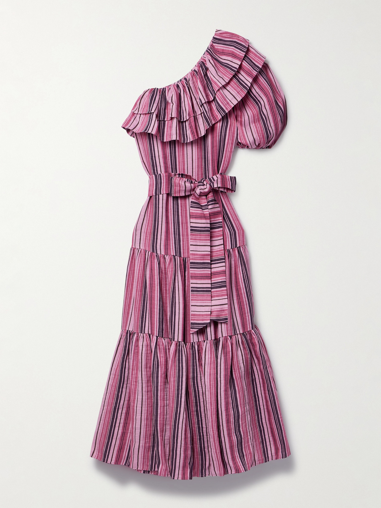 Lisa Marie Fernandez + Net Sustain Arden One-sleeve Ruffled Striped Linen-blend Maxi Dress In Pink