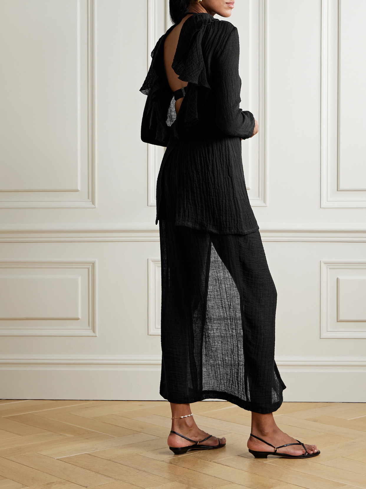 LISA MARIE FERNANDEZ OPEN-BACK RUFFLED LINEN-BLEND GAUZE TUNIC
