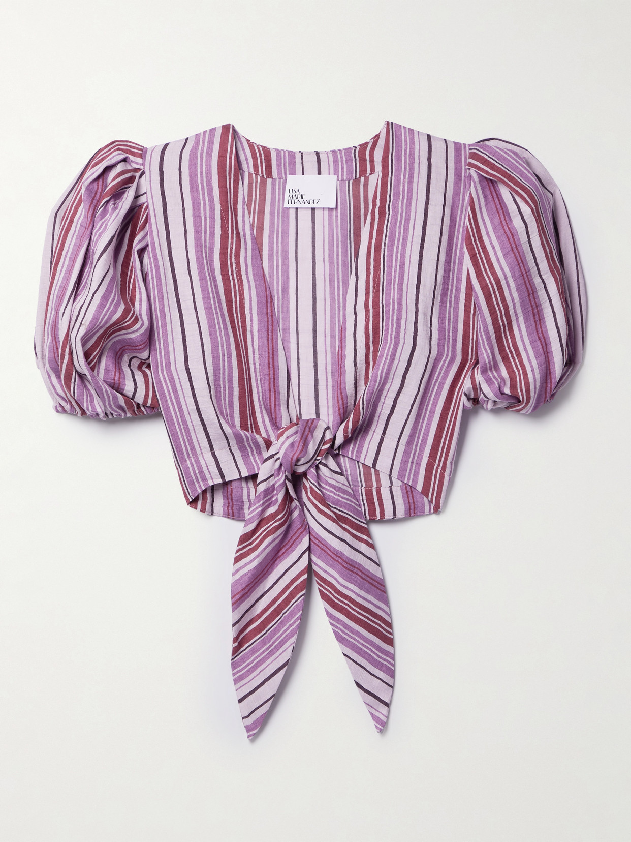 Lisa Marie Fernandez + Net Sustain Pouf Cropped Tie-front Striped Linen-blend Top - Pink
