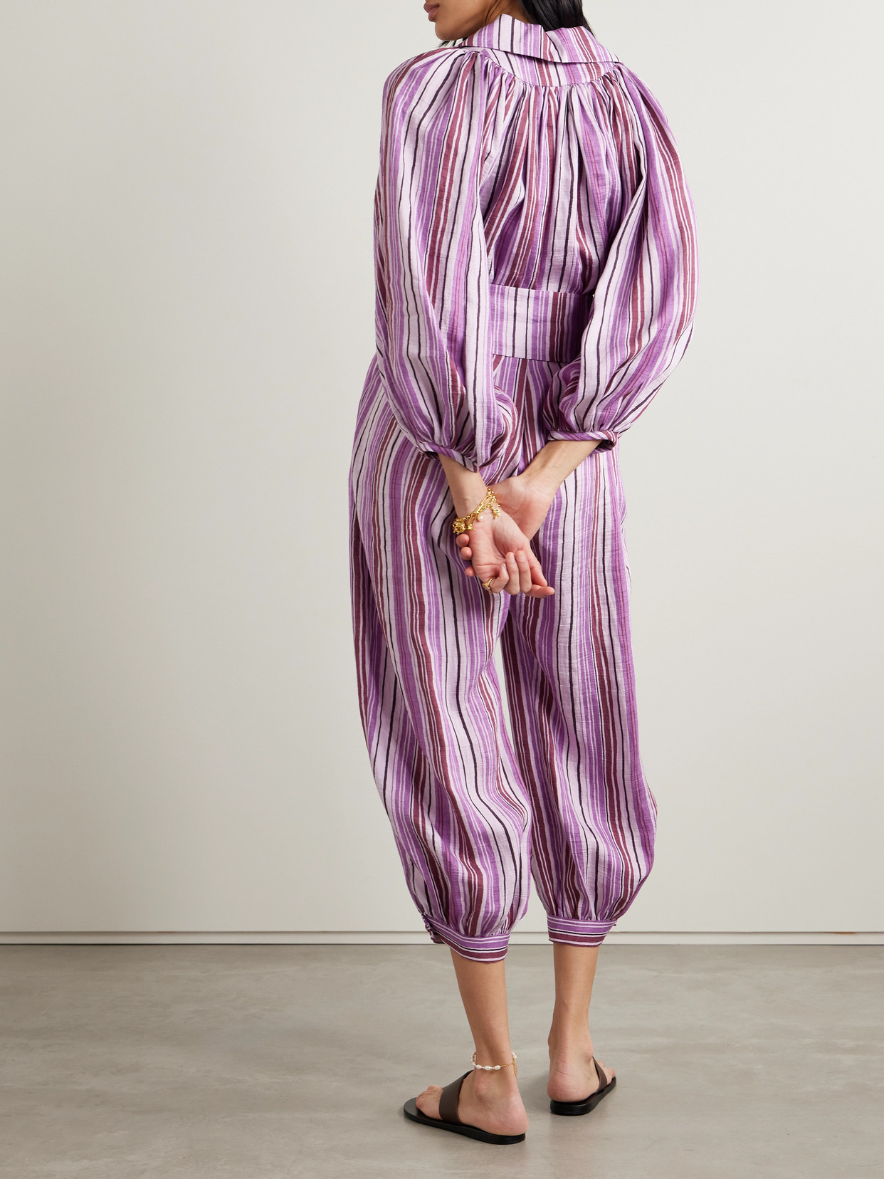 Lisa Marie Fernandez + Net Sustain Poet Belted Cropped Striped Linen-blend Jumpsuit In Purple
