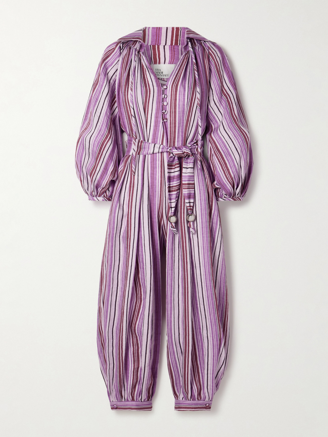 Lisa Marie Fernandez + Net Sustain Poet Belted Cropped Striped Linen-blend Jumpsuit In Purple