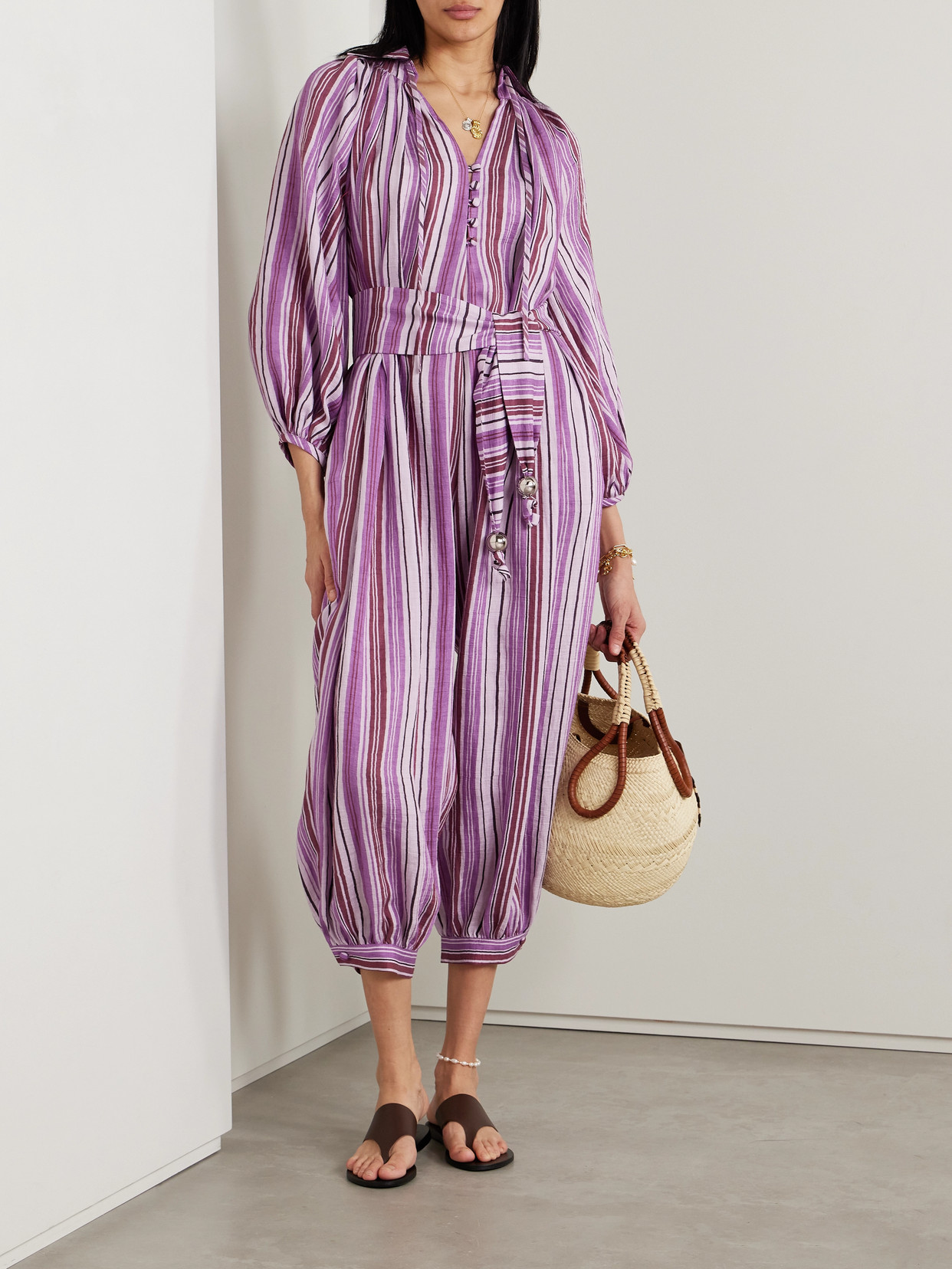 Lisa Marie Fernandez + Net Sustain Poet Belted Cropped Striped Linen-blend Jumpsuit In Purple