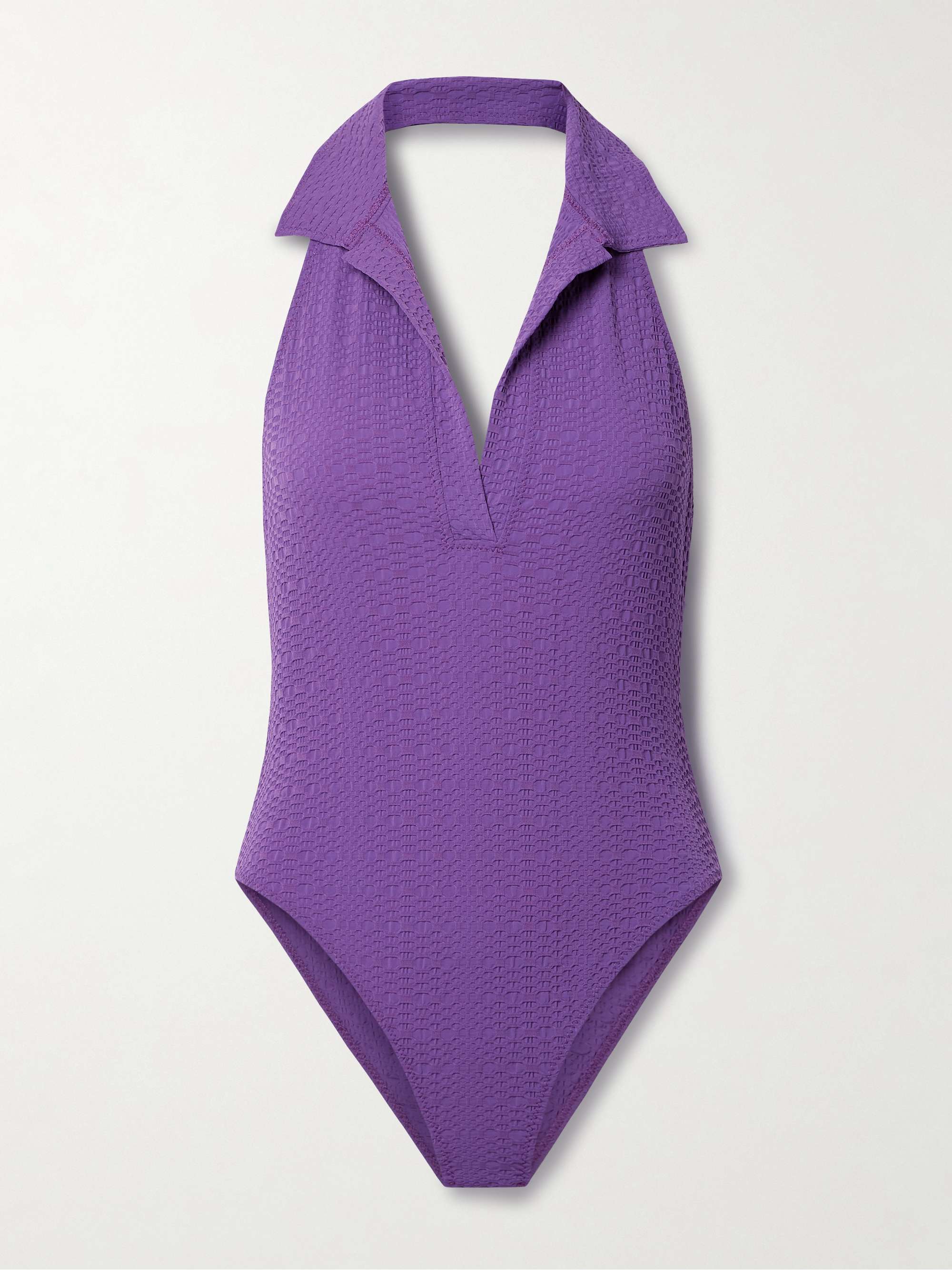 LISA MARIE FERNANDEZ + NET SUSTAIN Polo seersucker halterneck swimsuit ...