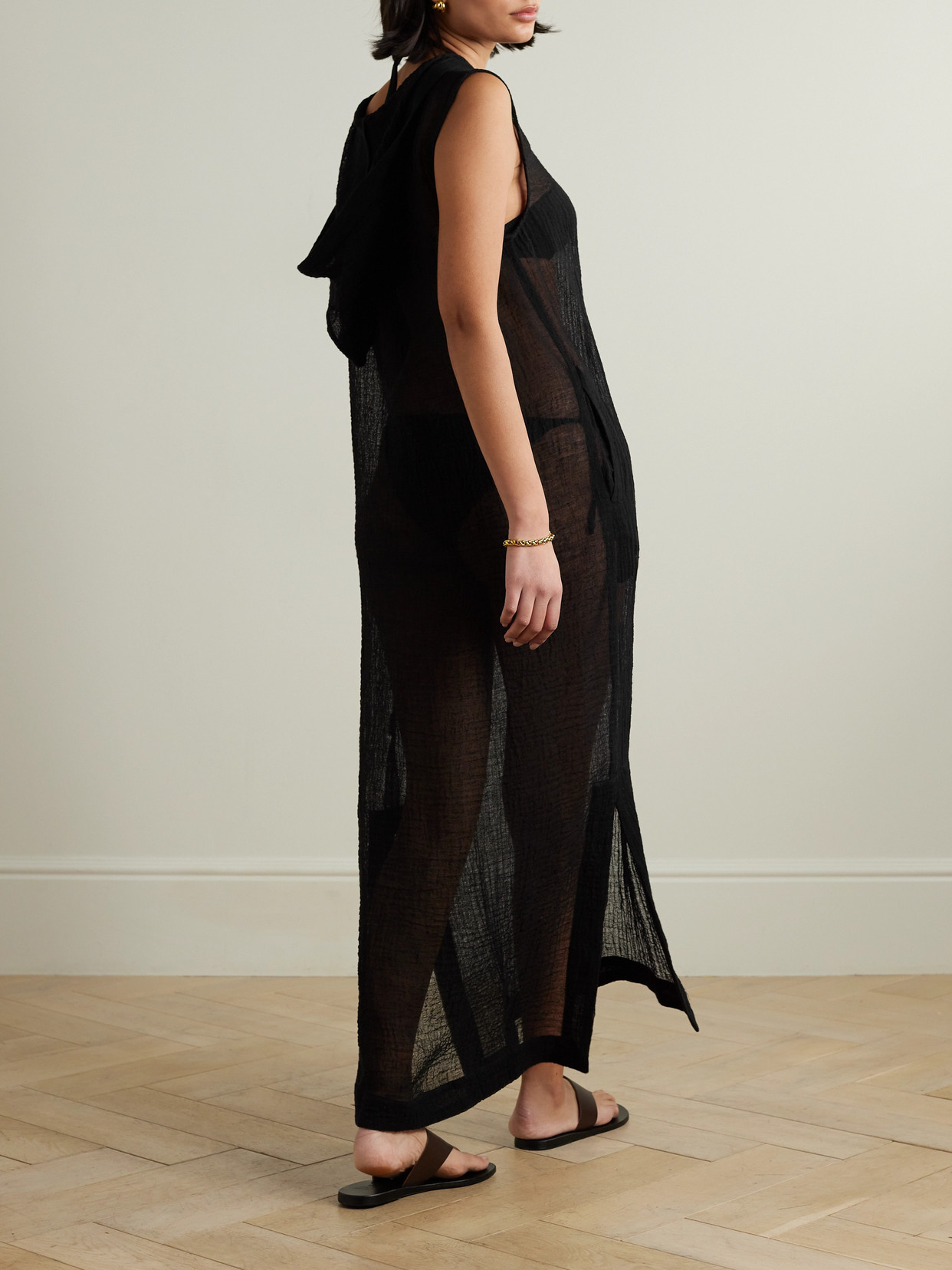 Shop Lisa Marie Fernandez + Net Sustain Column Hooded Linen-blend Gauze Maxi Dress In Black