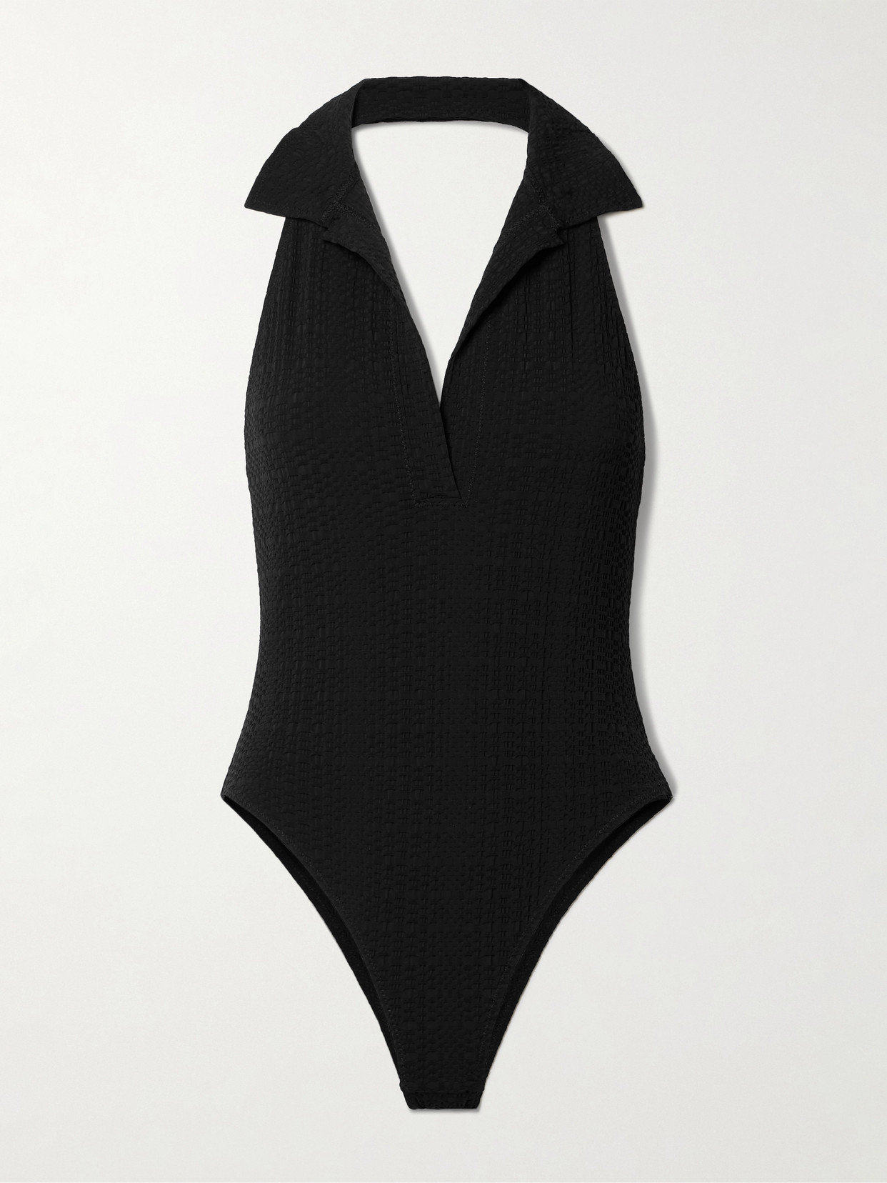 LISA MARIE FERNANDEZ + NET SUSTAIN POLO SEERSUCKER HALTERNECK SWIMSUIT